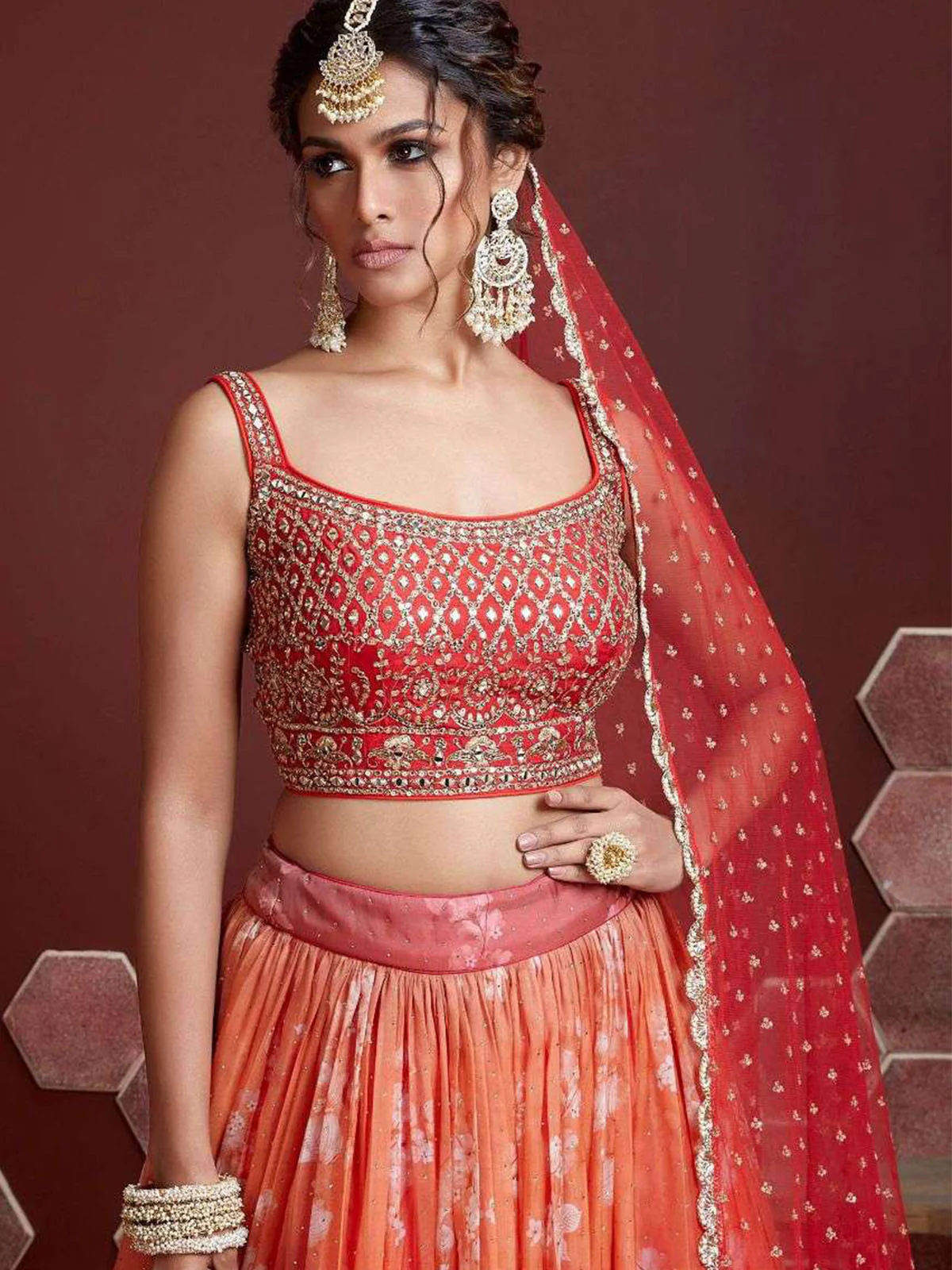 Odette Orange Organza Silk Embellished Semi Stitched Lehenga With Unstitched Blouse For Women - Image 2