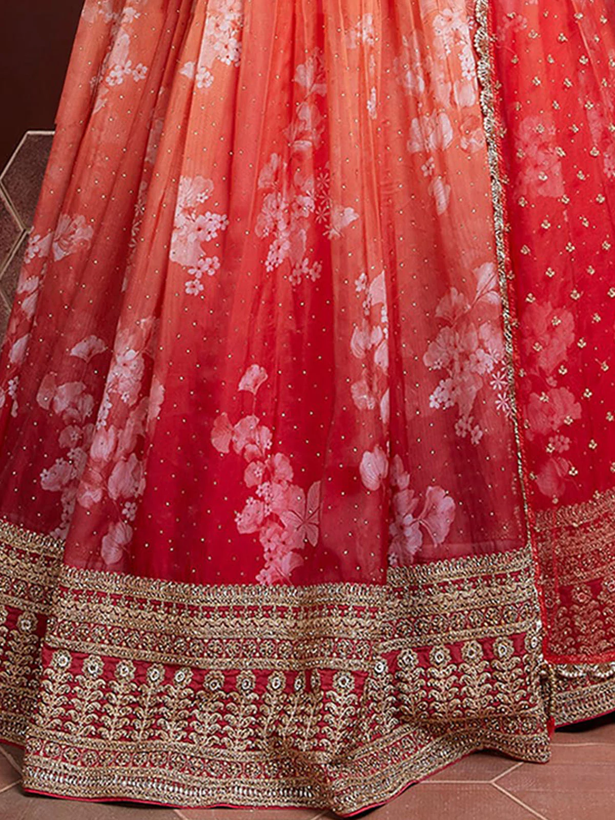 Odette Orange Organza Silk Embellished Semi Stitched Lehenga With Unstitched Blouse For Women - Image 3