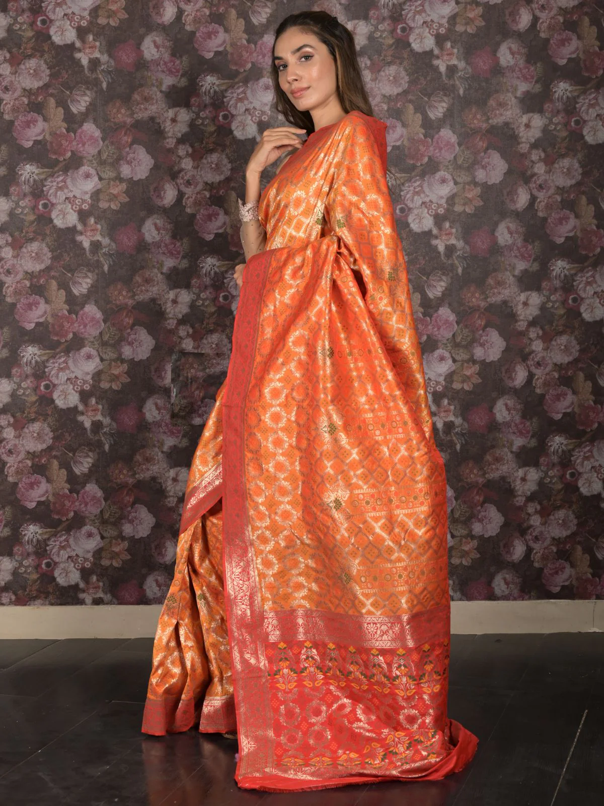 Odette Orange Patola Silk Woven Saree with Unstitched Blouse for Women - Image 3