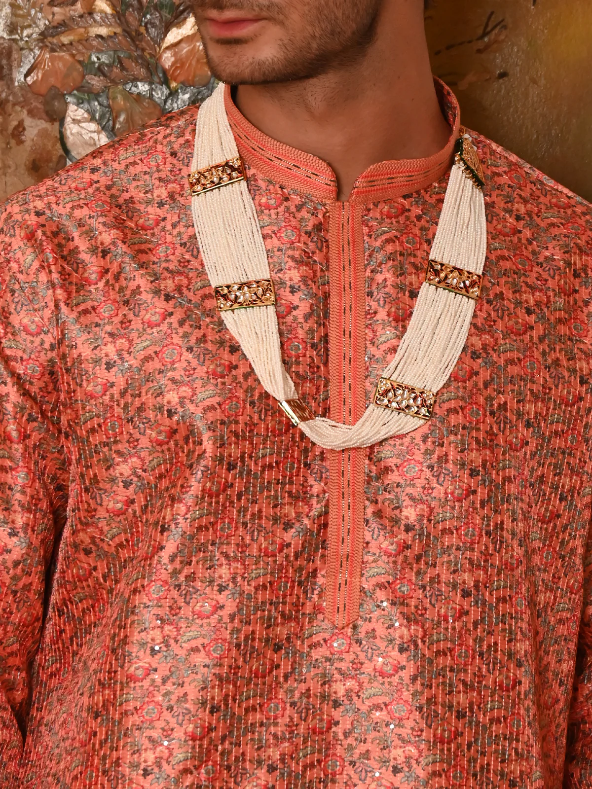 Odette Orange Printed Embroidered Silk Blend Traditional Kurta Set For Men - Image 5