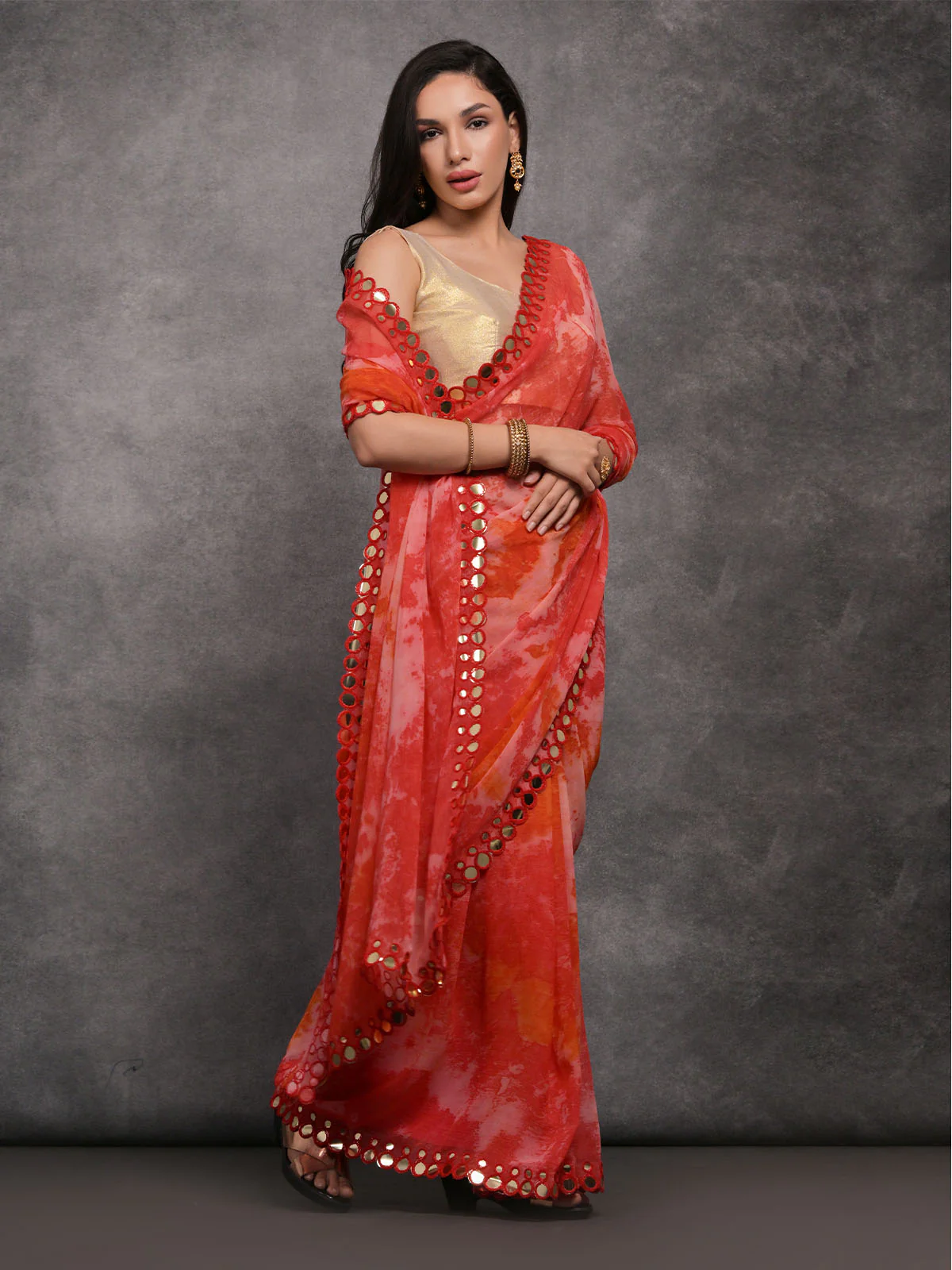 Odette Orange and Pink Printed Georgette Saree With Unstitched Blouse For Women - Image 3