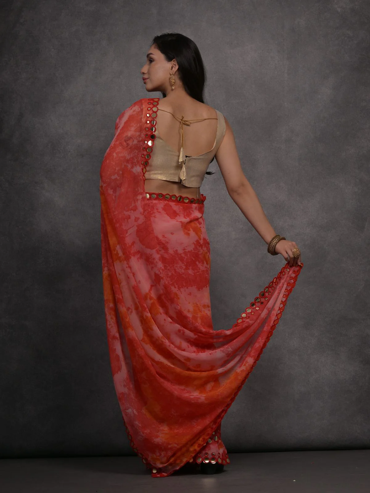 Odette Orange and Pink Printed Georgette Saree With Unstitched Blouse For Women - Image 5