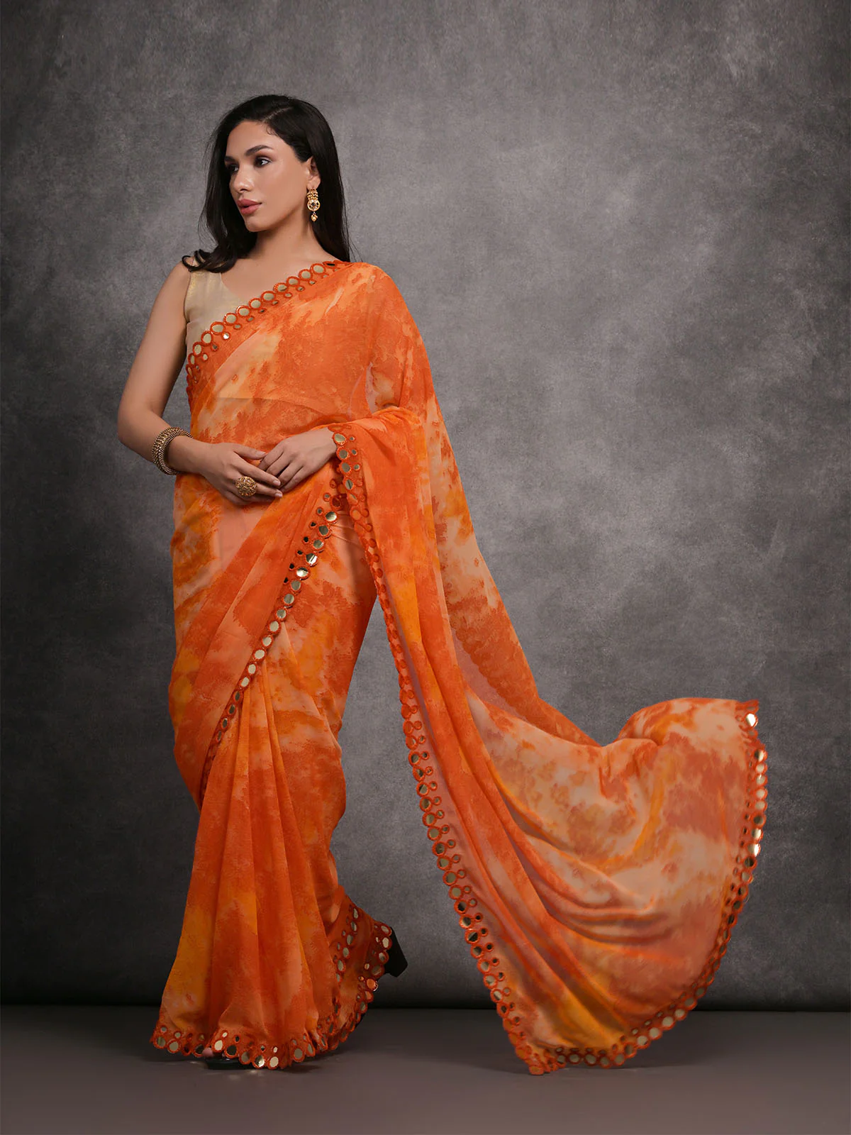 Odette Orange Printed Georgette Saree With Unstitched Blouse For Women - Image 2