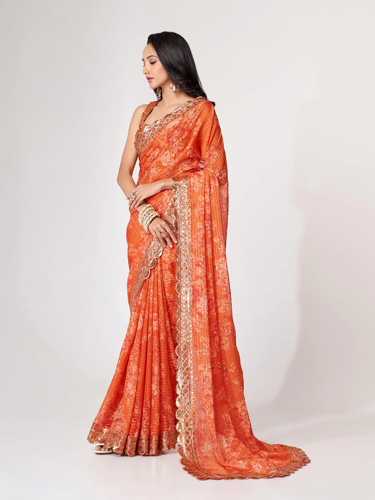 Odette Orange Printed Organza Saree With Unstitched Blouse For Women - Image 3