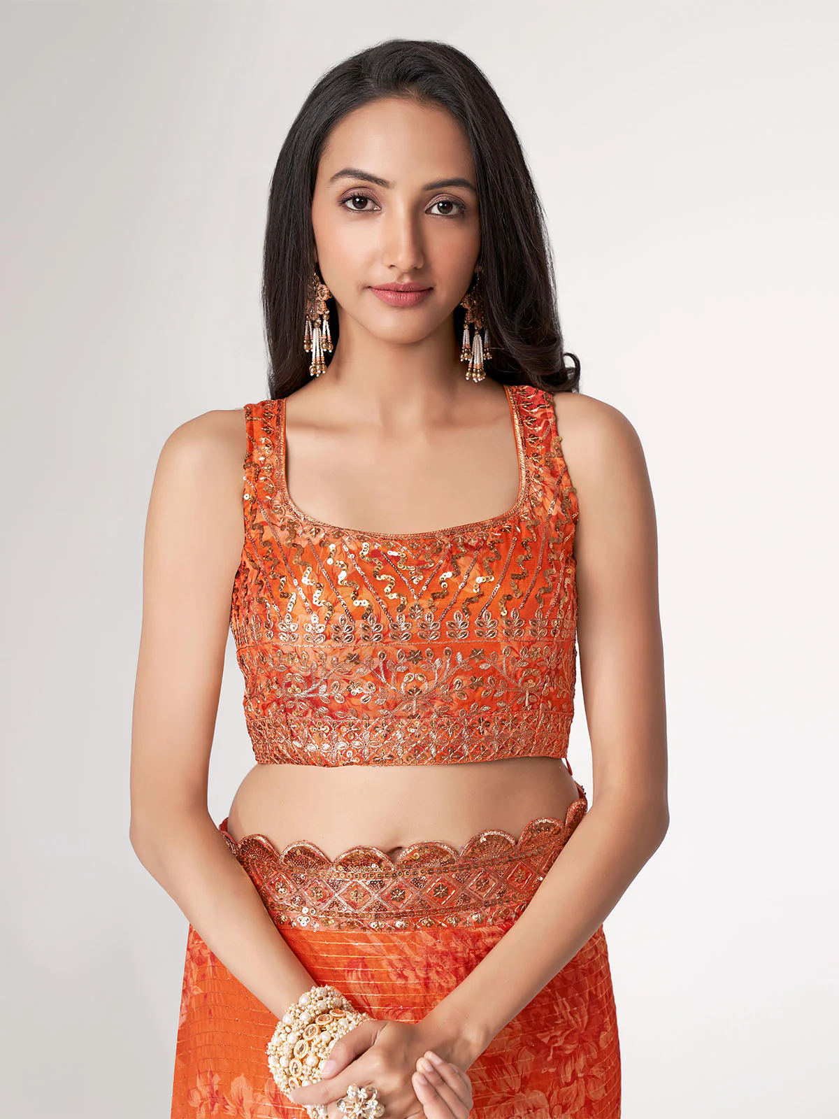 Odette Orange Printed Organza Saree With Unstitched Blouse For Women - Image 5
