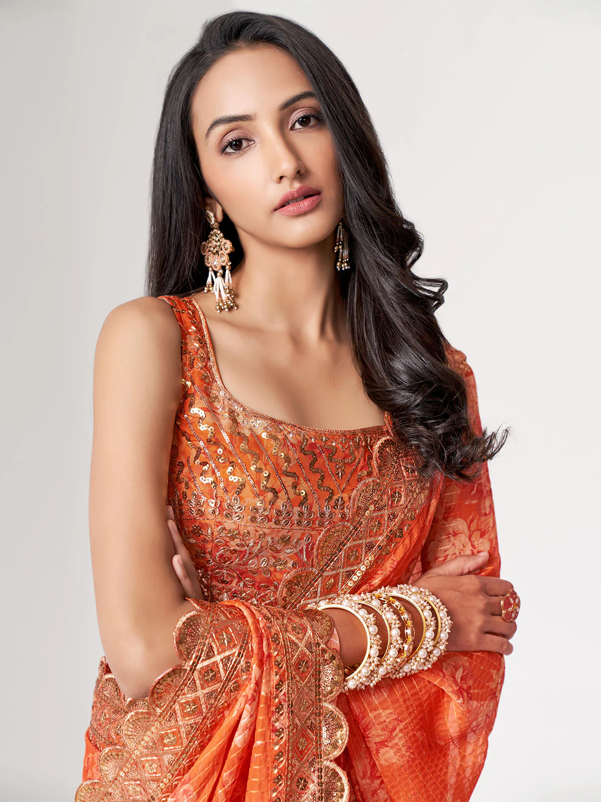 Odette Orange Printed Organza Saree With Unstitched Blouse For Women - Image 6