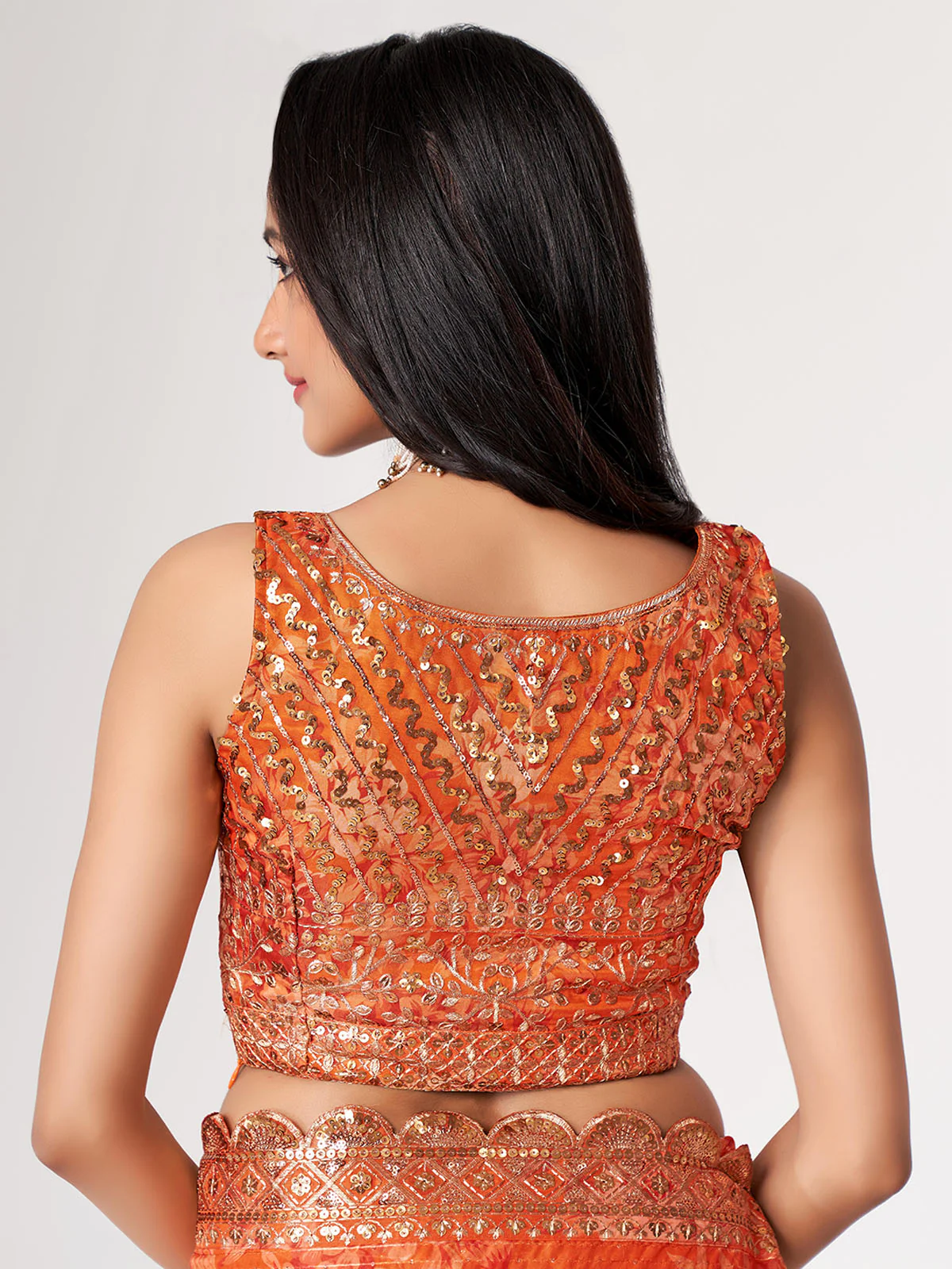Odette Orange Printed Organza Saree With Unstitched Blouse For Women - Image 7