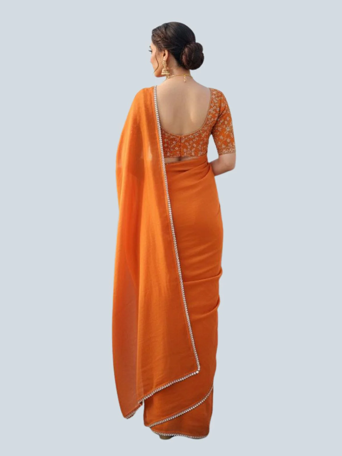 Odette Orange Satin Embroidered Saree For Women - Image 2