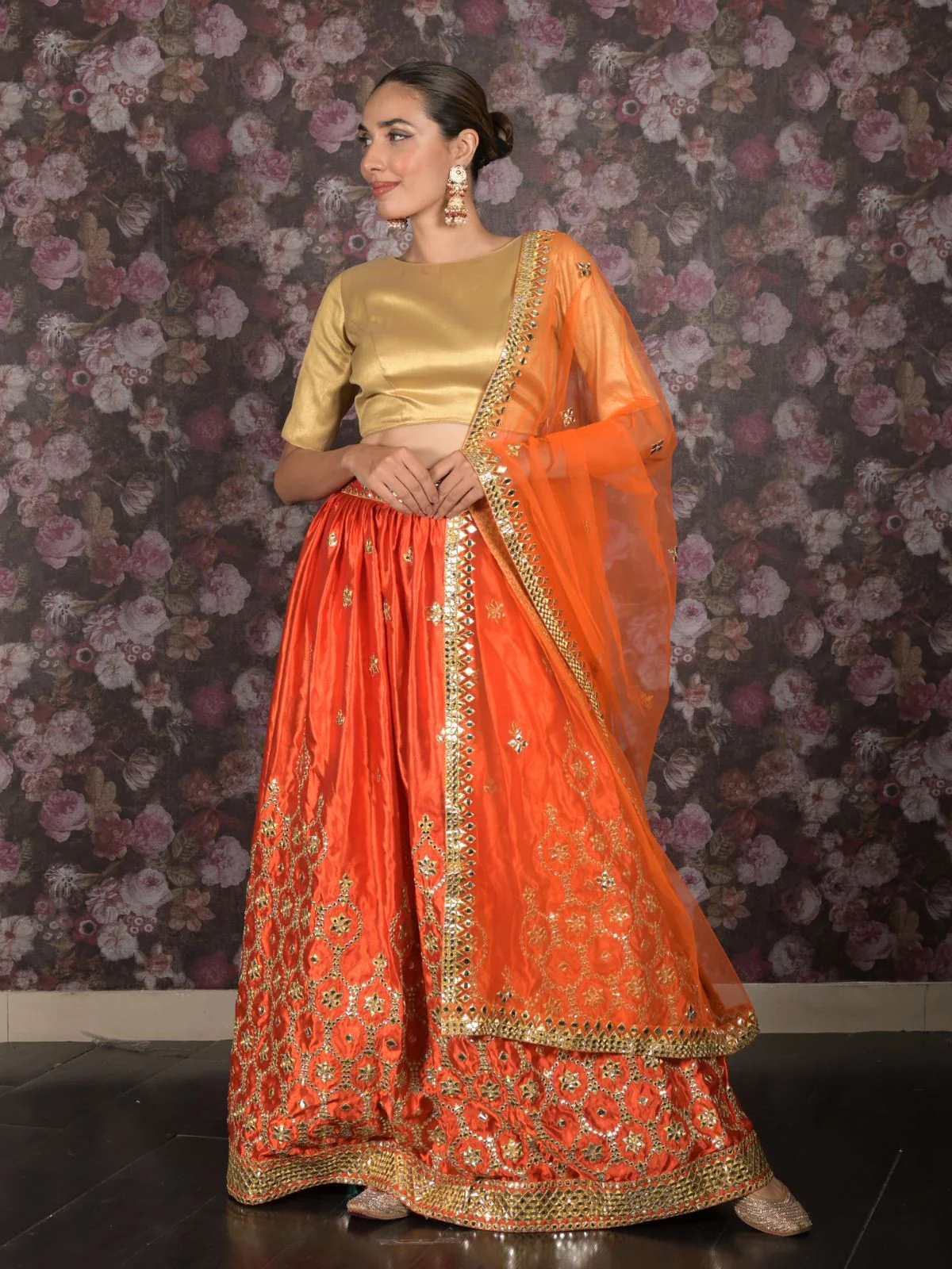 Odette Orange Satin Embroidered Semi Stitched Lehenga With Unstitched Blouse For Women - Image 2