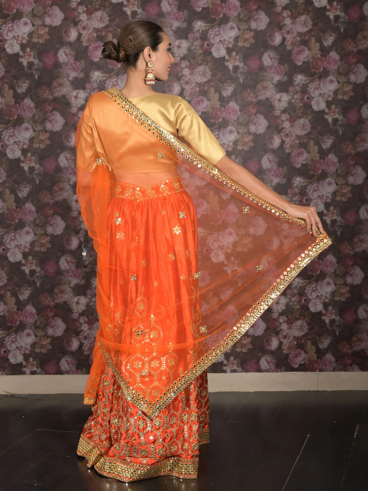 Odette Orange Satin Embroidered Semi Stitched Lehenga With Unstitched Blouse For Women - Image 4
