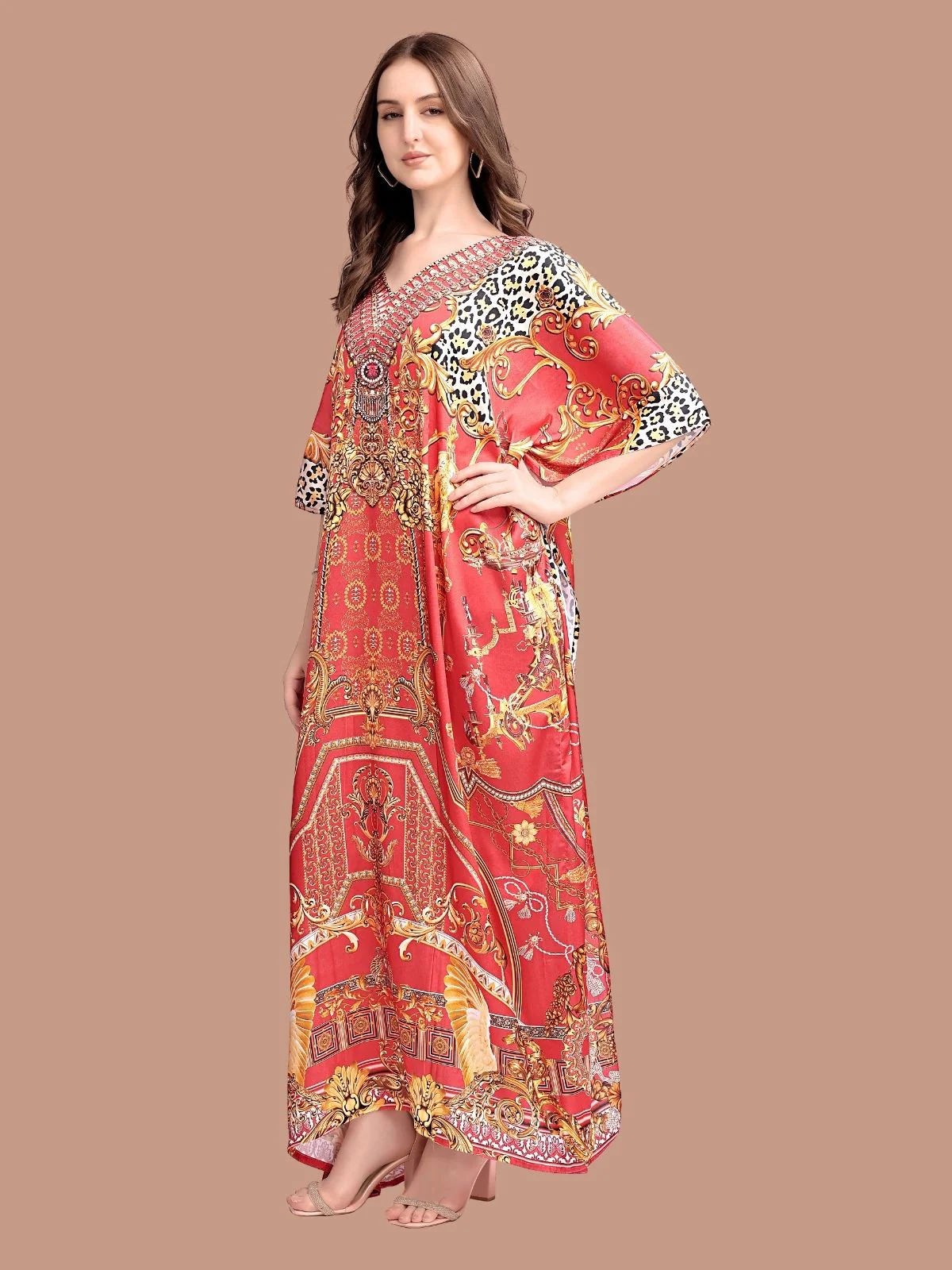 Odette Orange Satin Printed Kaftan For Women - Image 2