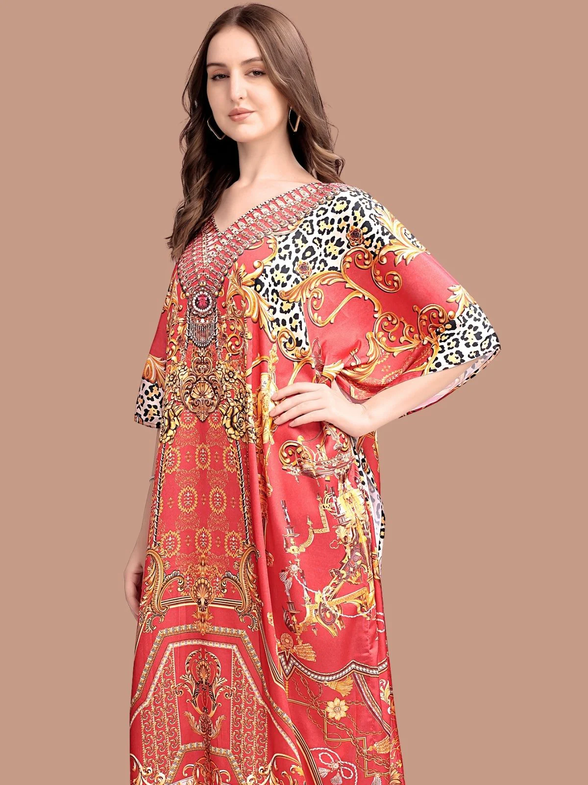 Odette Orange Satin Printed Kaftan For Women - Image 4