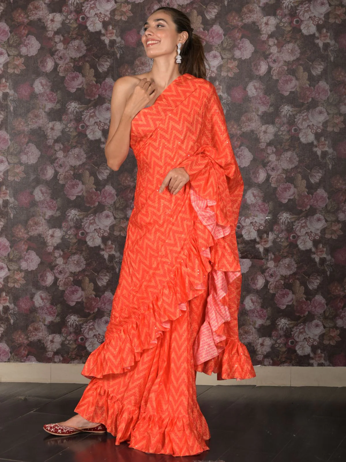 Odette Orange Sequins Embellished Crepe Saree With Unstitched Blouse For Women - Image 2