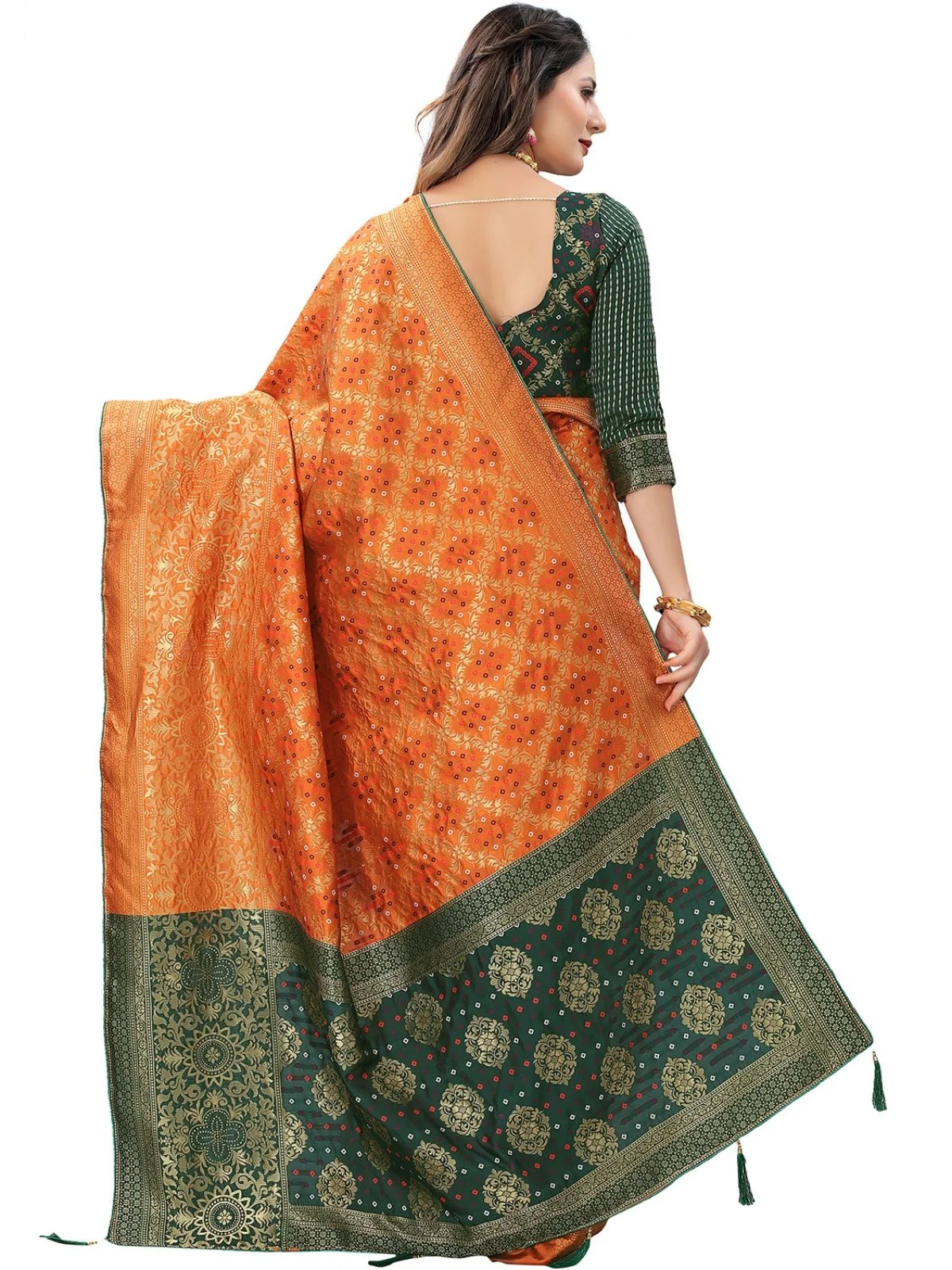 Odette Orange Silk Blend Embellished Saree For Women - Image 3