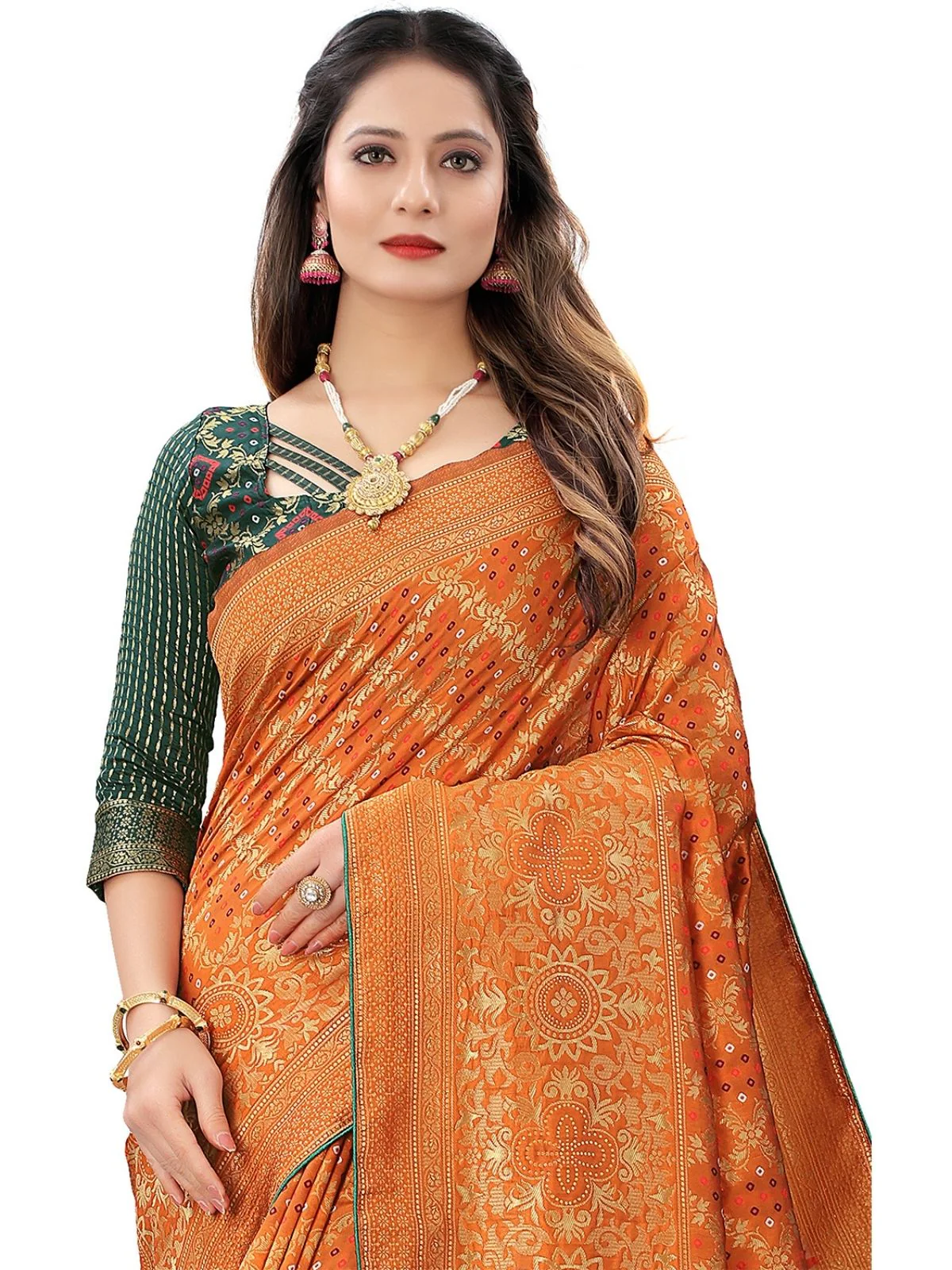 Odette Orange Silk Blend Embellished Saree For Women - Image 4