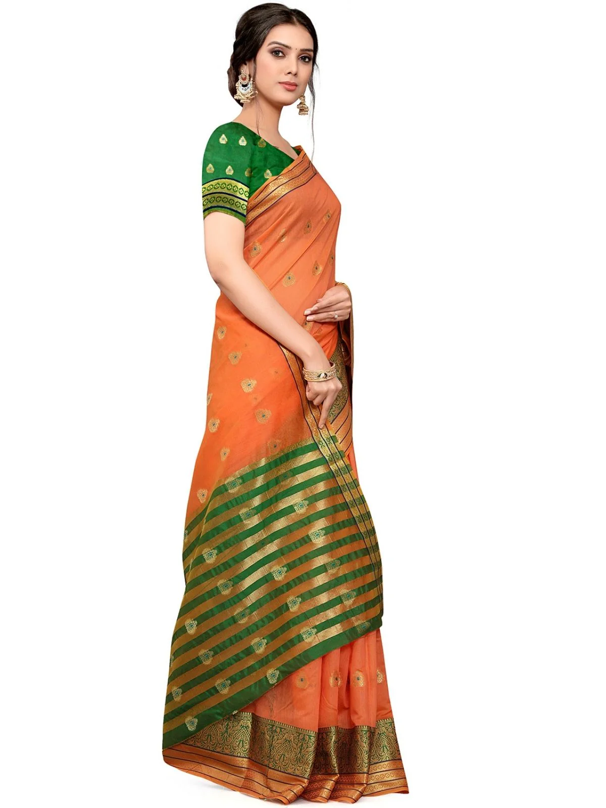 Odette Orange Silk Blend Embellished Saree For Women - Image 2