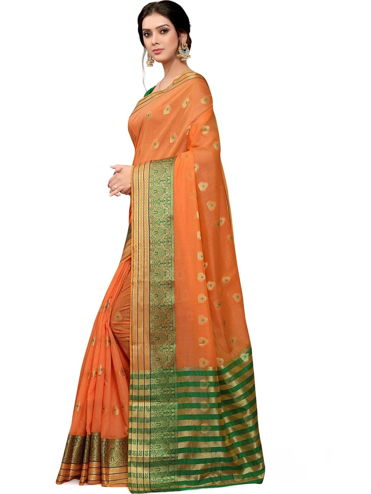 Odette Orange Silk Blend Embellished Saree For Women - Image 3