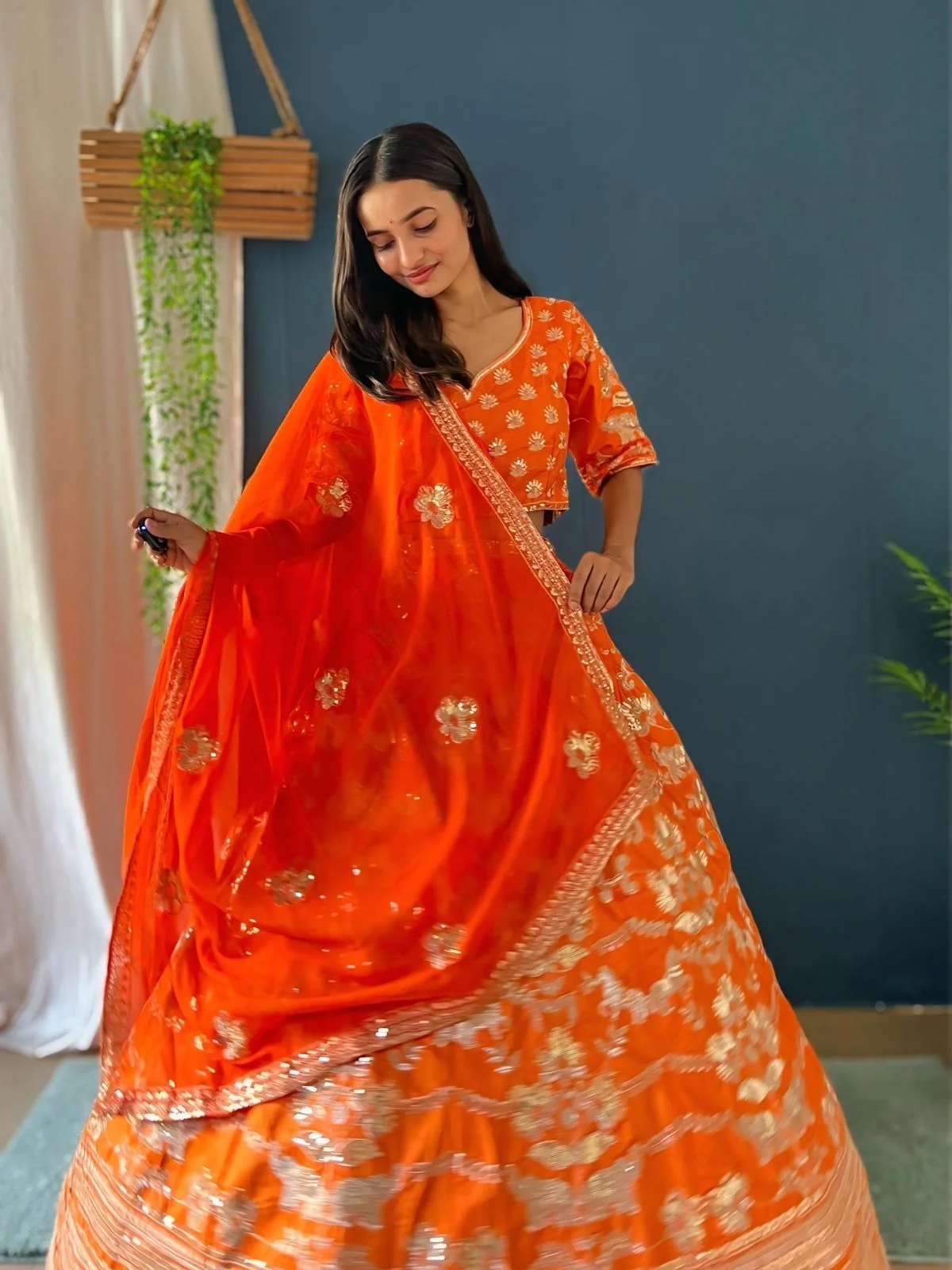 Odette Orange Silk Blend Embroidered Semi-Stitched lehenga For Women - Image 2