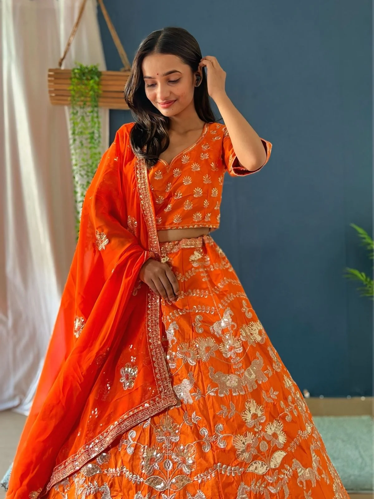 Odette Orange Silk Blend Embroidered Semi-Stitched lehenga For Women - Image 3