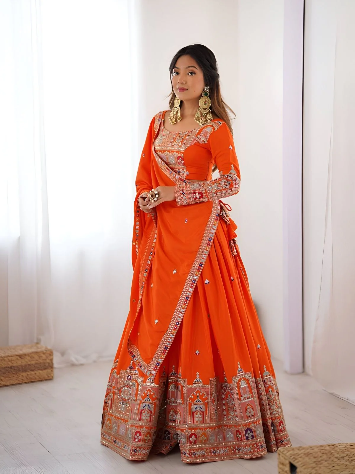 Odette Orange Silk Blend Embroidered Semi-Stitched lehenga For Women - Image 2