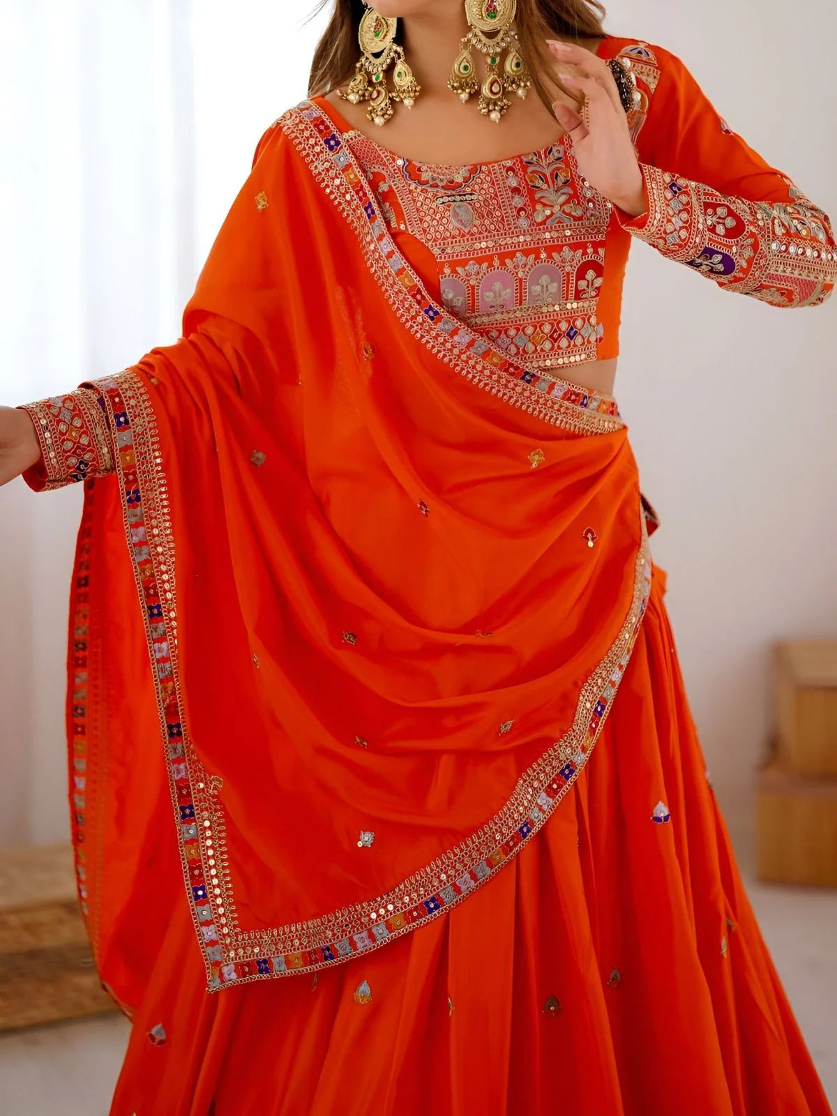 Odette Orange Silk Blend Embroidered Semi-Stitched lehenga For Women - Image 4