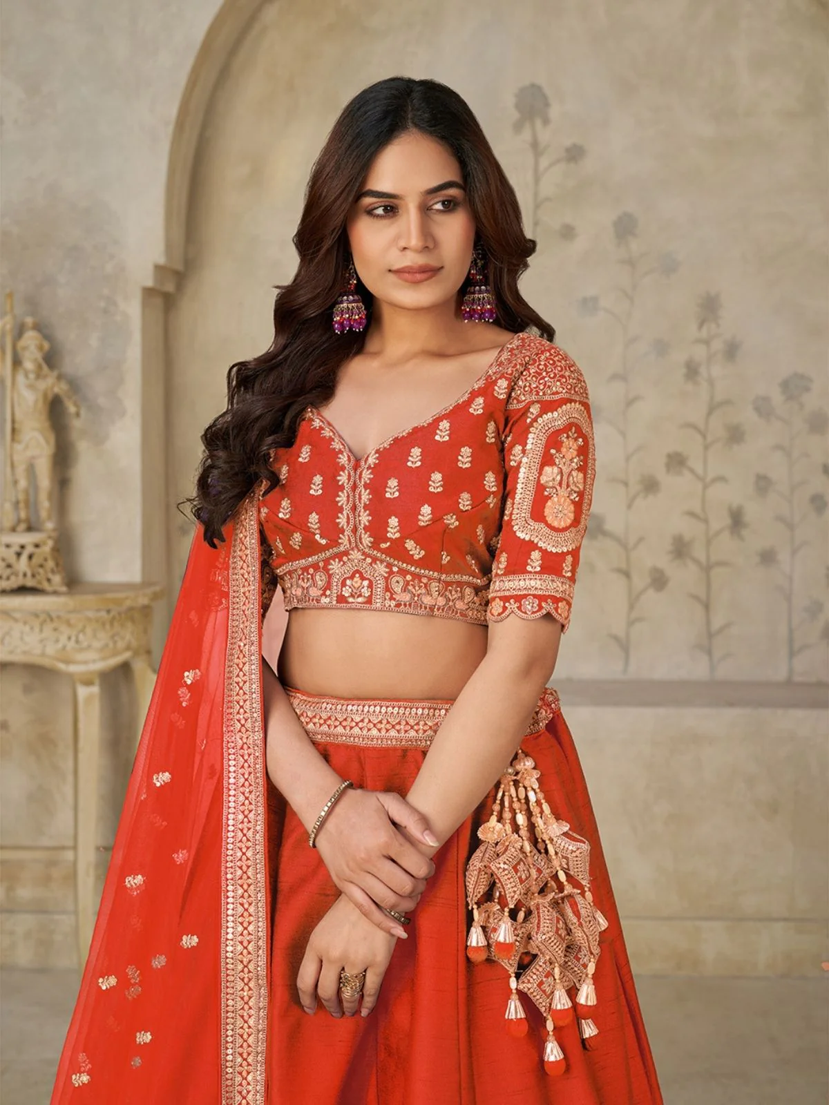 Odette Orange Silk Blend Embroidered Semi-Stitched Lehenga For Women - Image 3