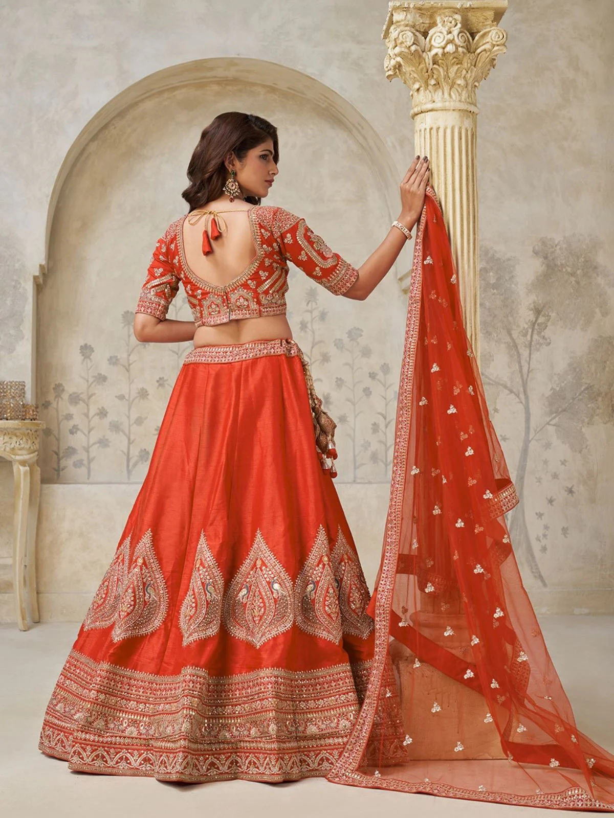 Odette Orange Silk Blend Embroidered Semi-Stitched Lehenga For Women - Image 2