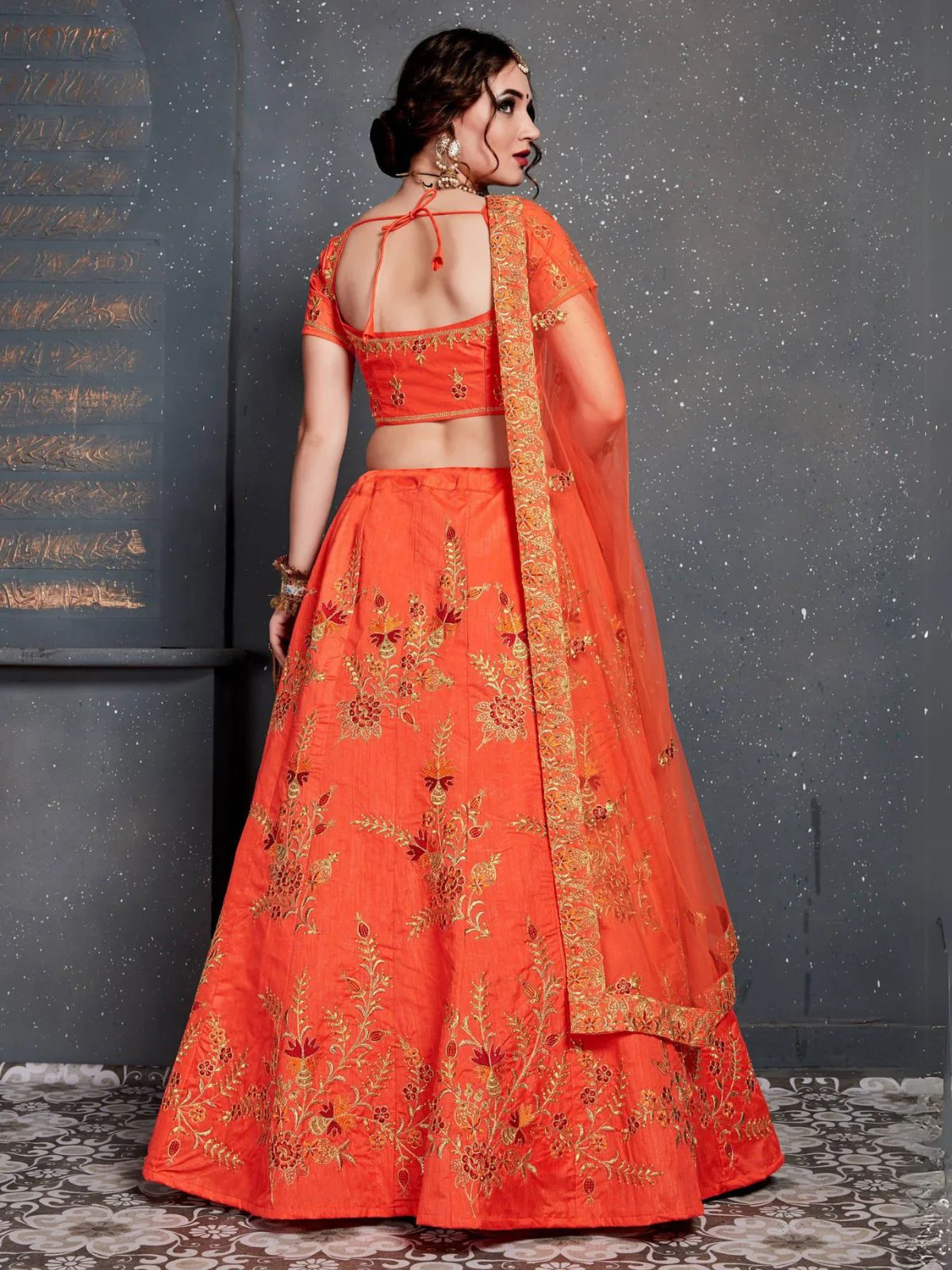 Odette Orange Silk Blend Embroidered Semi Stitched Lehenga With Blouse For Women - Image 3