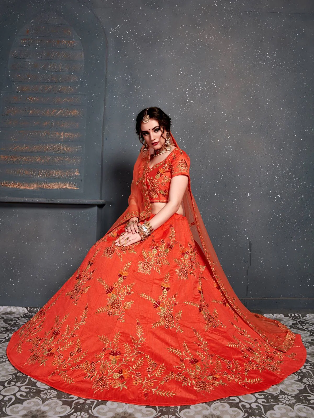 Odette Orange Silk Blend Embroidered Semi Stitched Lehenga With Blouse For Women - Image 4