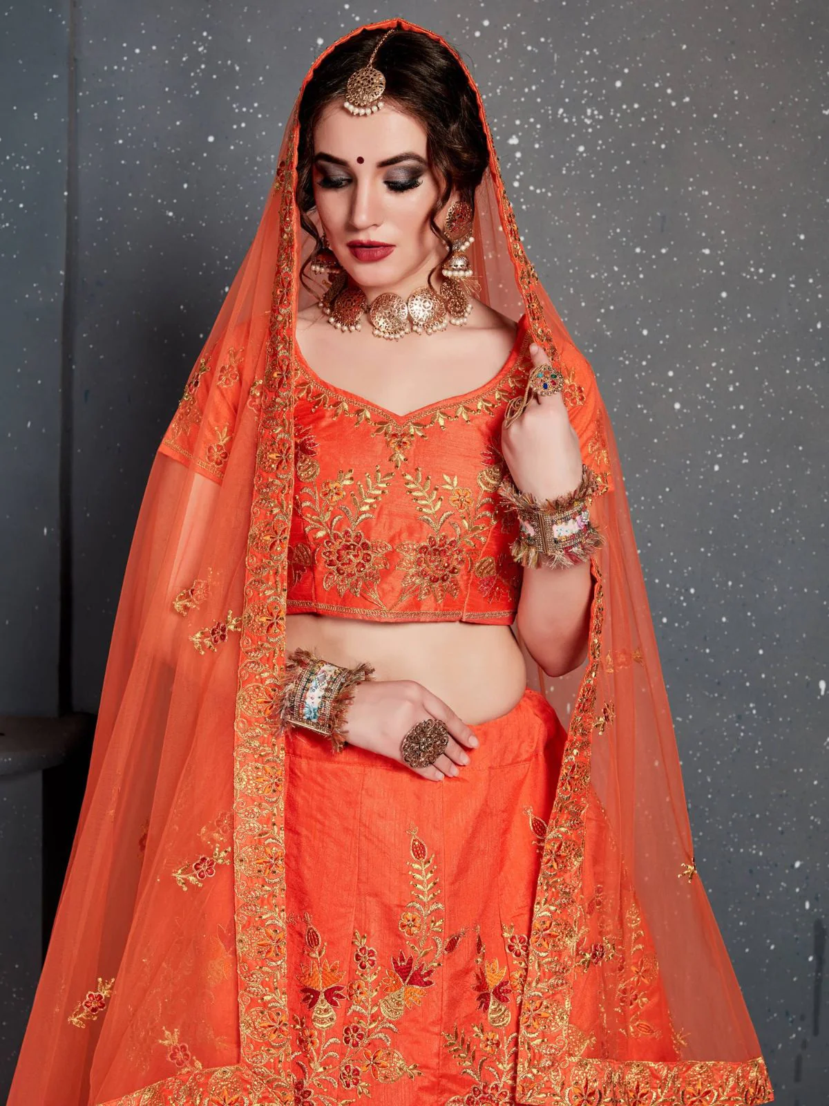 Odette Orange Silk Blend Embroidered Semi Stitched Lehenga With Blouse For Women - Image 5