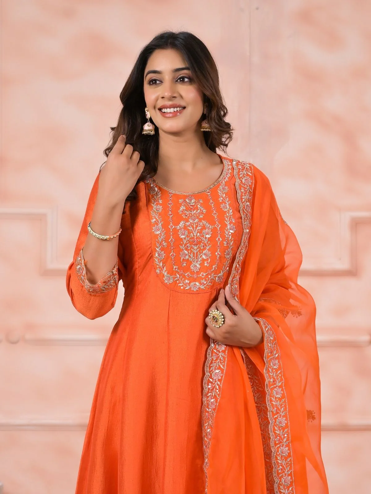 Odette Orange Silk Blend Embroidered Stitched Kurta Set For Women - Image 4