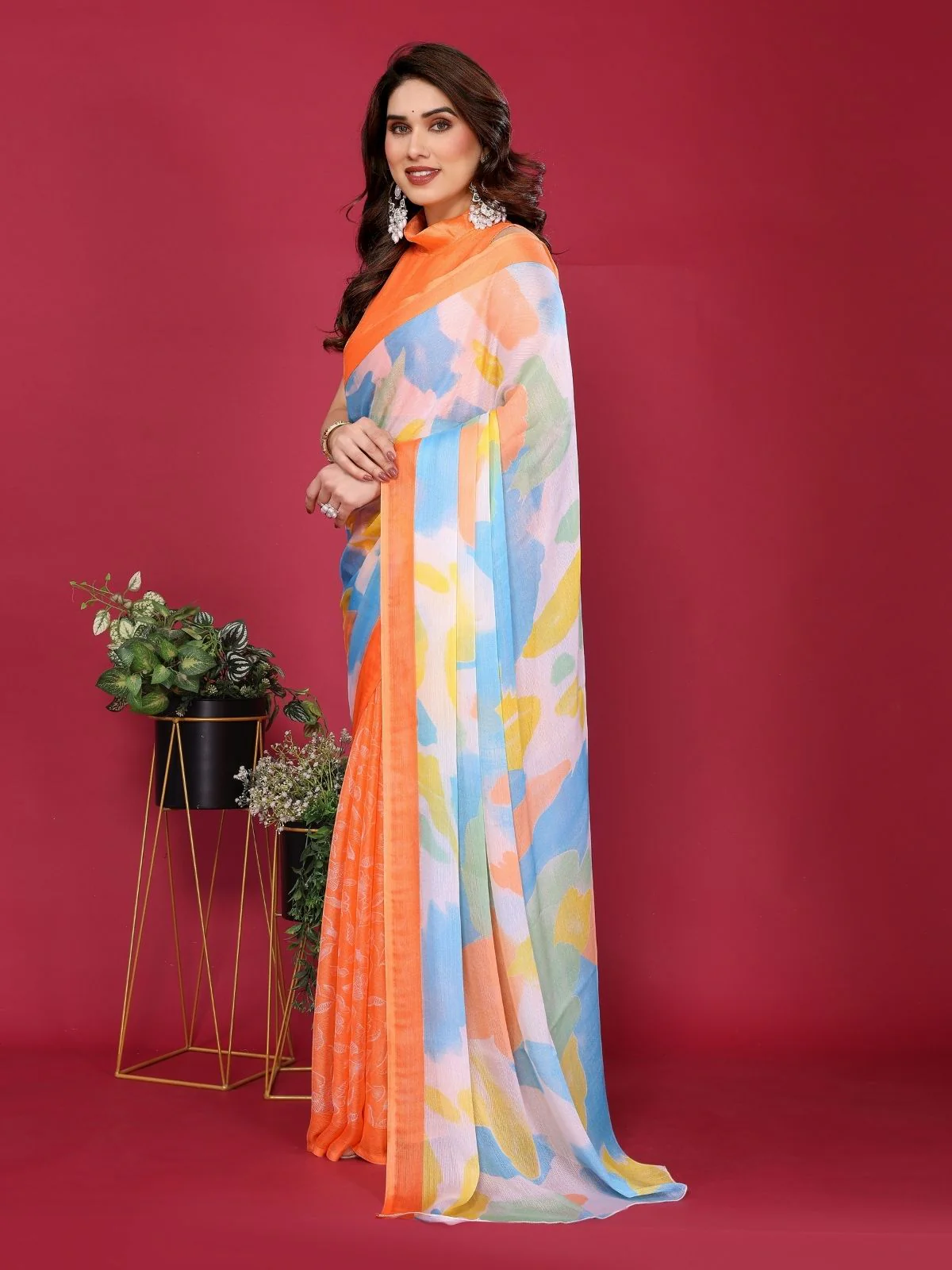 Odette Orange Silk Blend Printed Saree For Women - Image 2