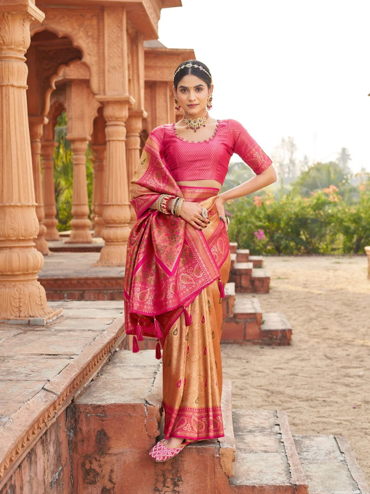 Odette Orange Silk Blend Woven Banarasi Saree For Women - Image 2
