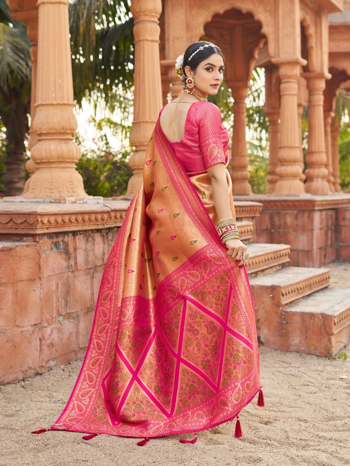 Odette Orange Silk Blend Woven Banarasi Saree For Women - Image 3