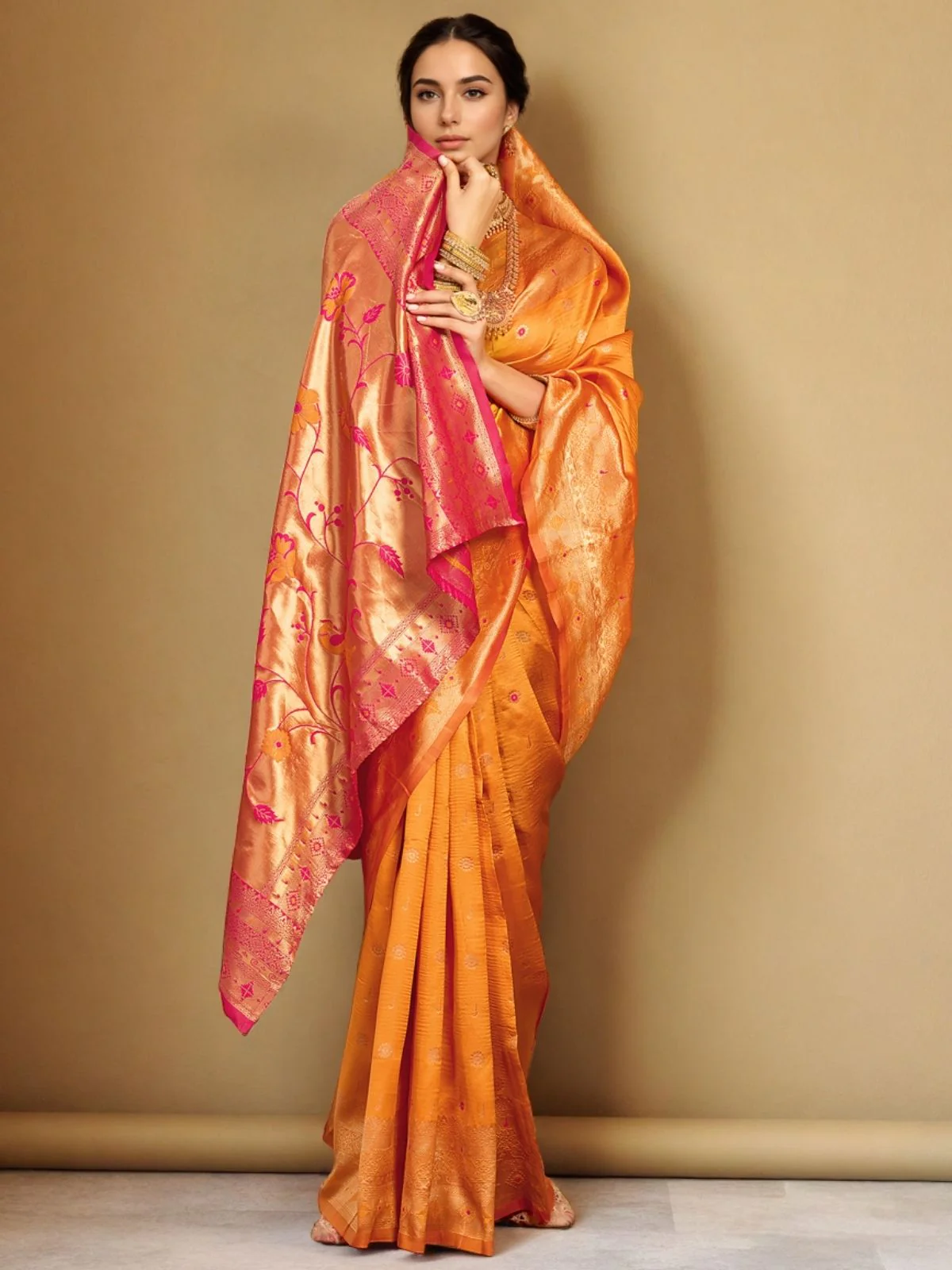 Odette Orange Silk Blend Woven Pithani Saree For Women - Image 3