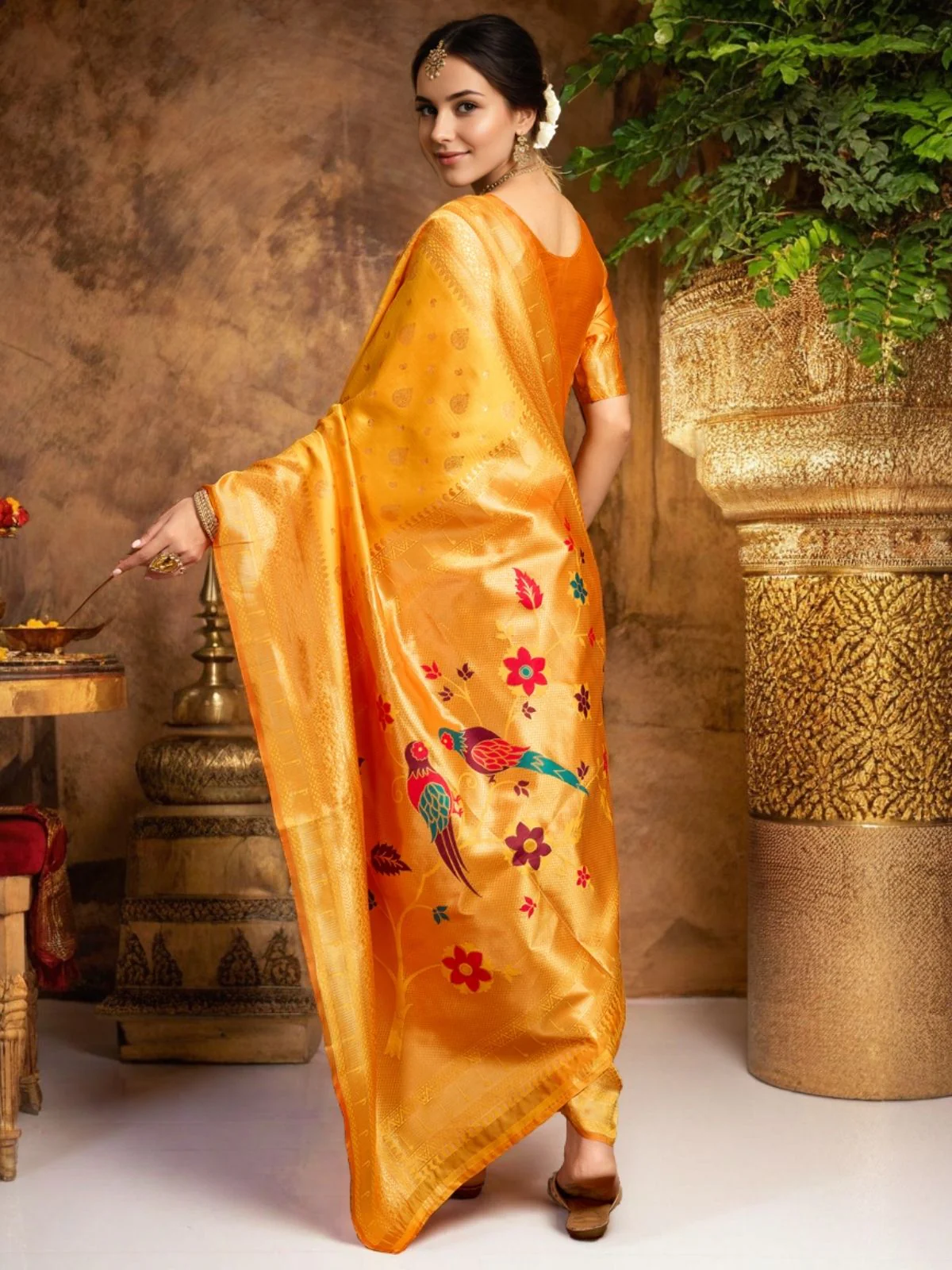 Odette Orange Silk Blend Woven Pithani Saree For Women - Image 4