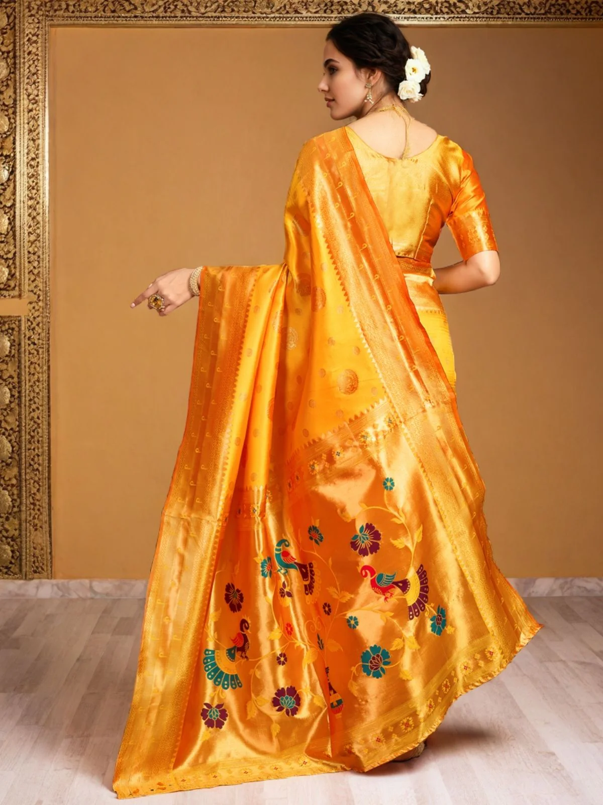 Odette Orange Silk Blend Woven Pithani Saree For Women - Image 4