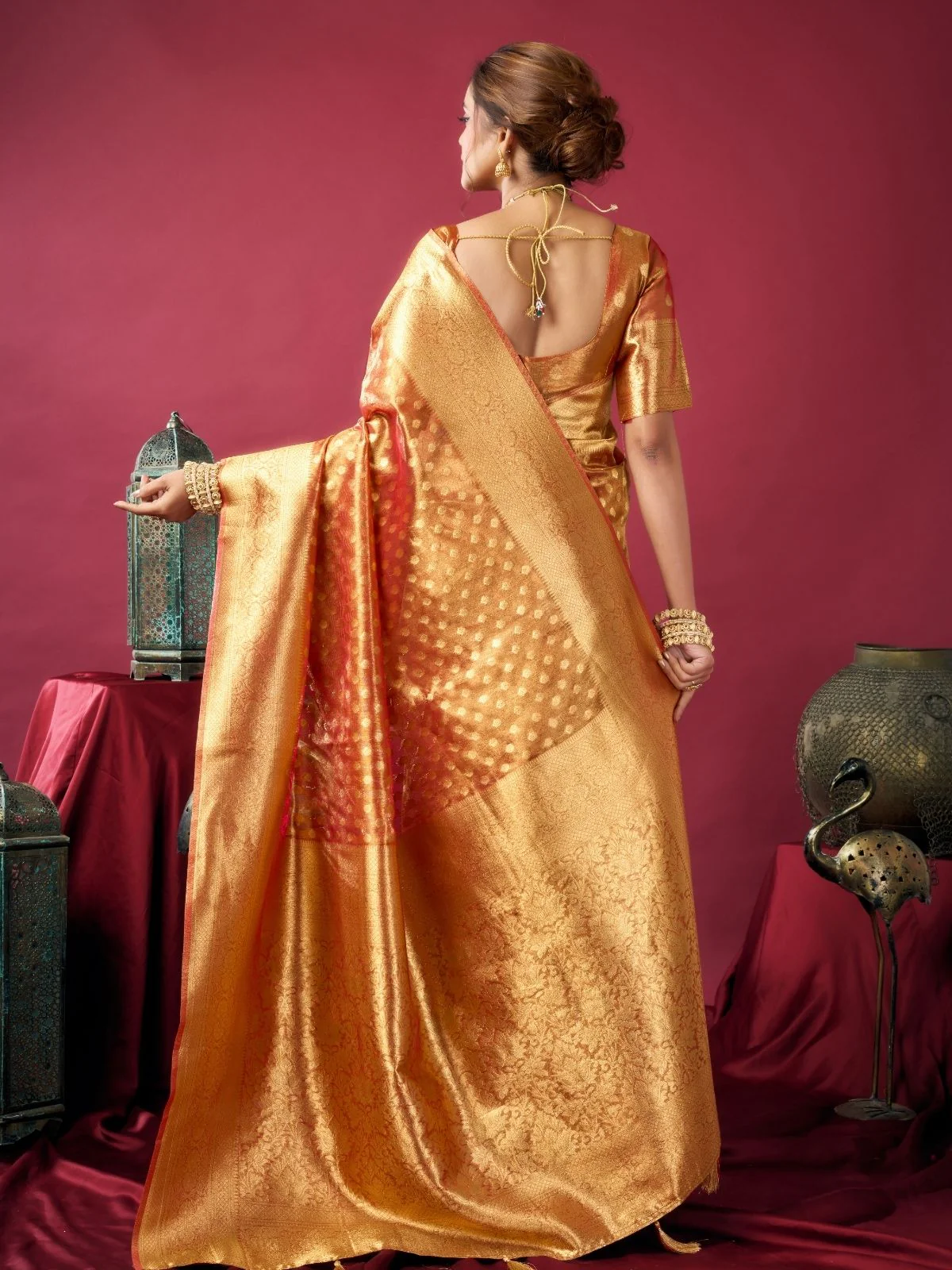 Odette Orange Silk Blend Woven Saree For Women - Image 4