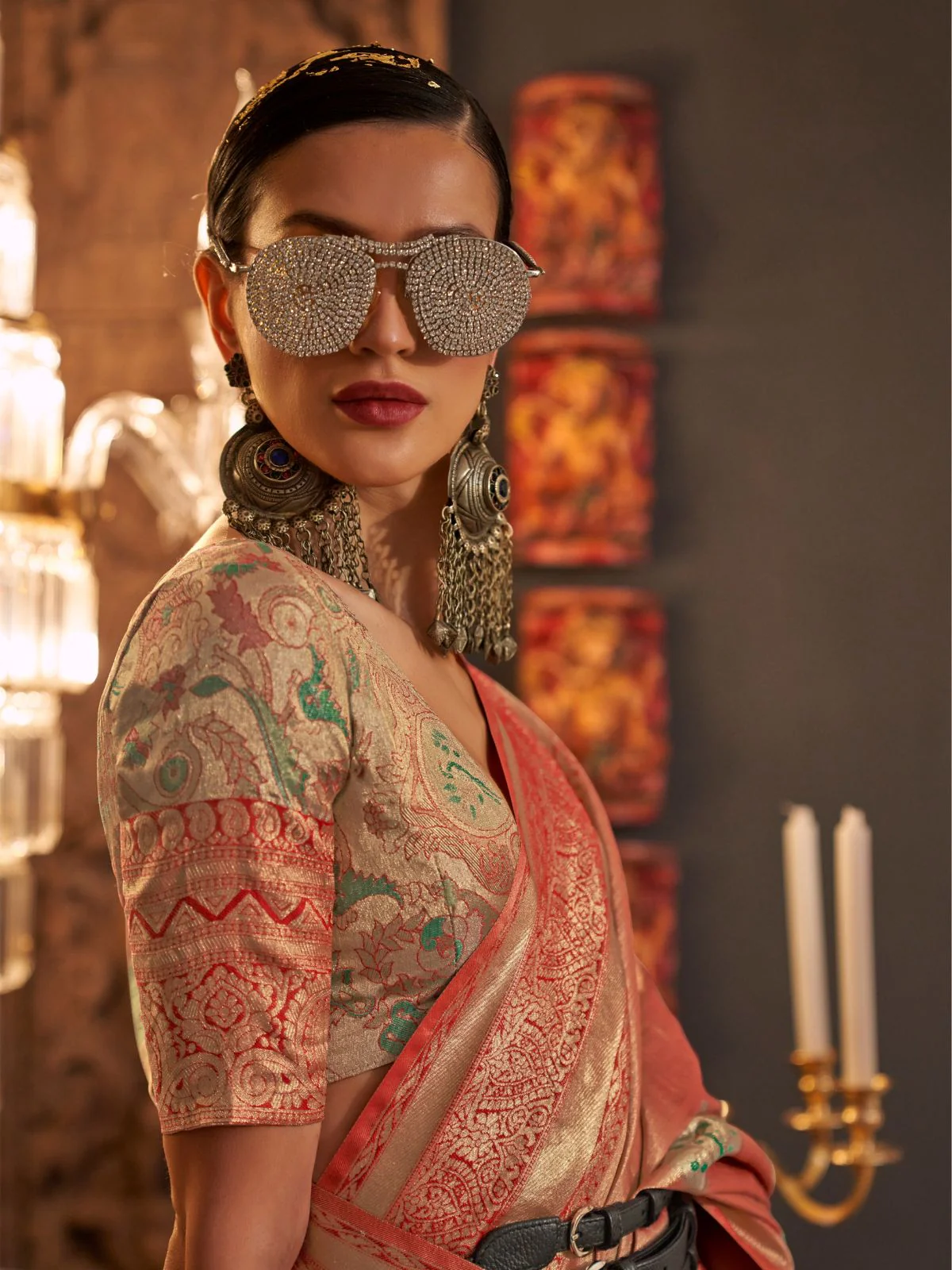 Odette Orange Silk Blend Woven Saree With Unstitched Blouse For Women - Image 2