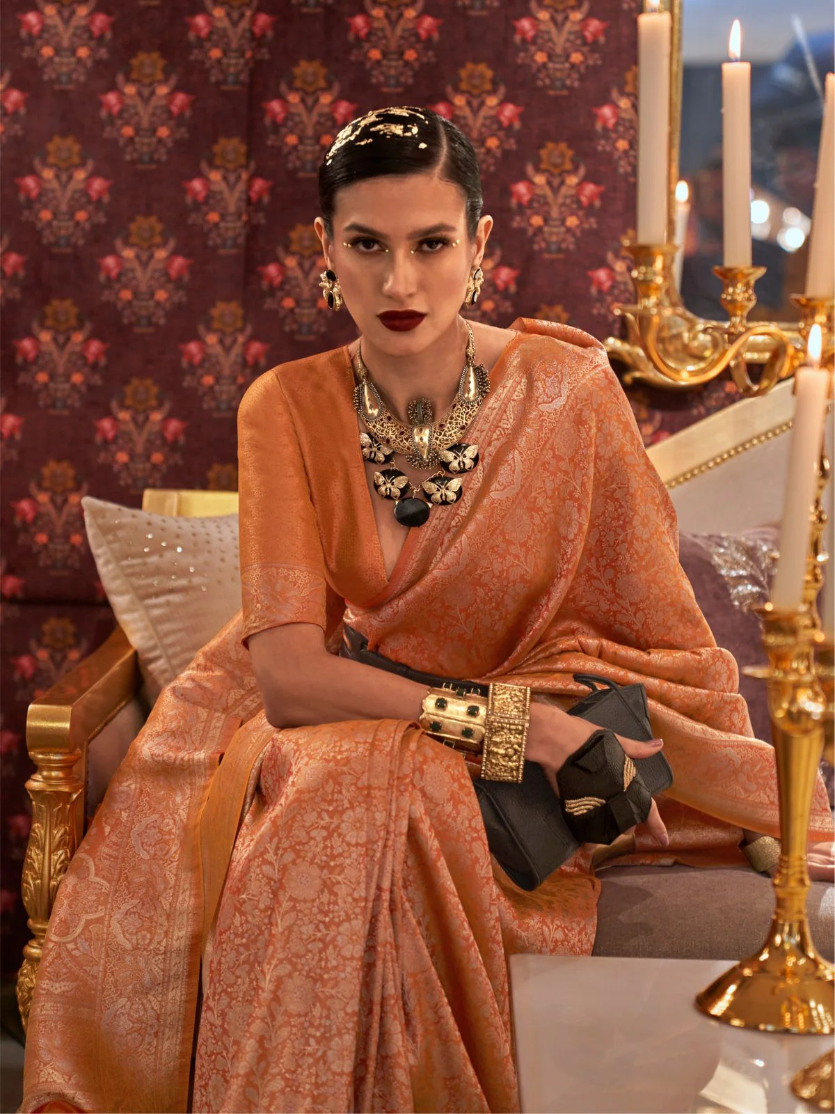 Odette Orange Silk Blend Woven Saree With Unstitched Blouse For Women - Image 2