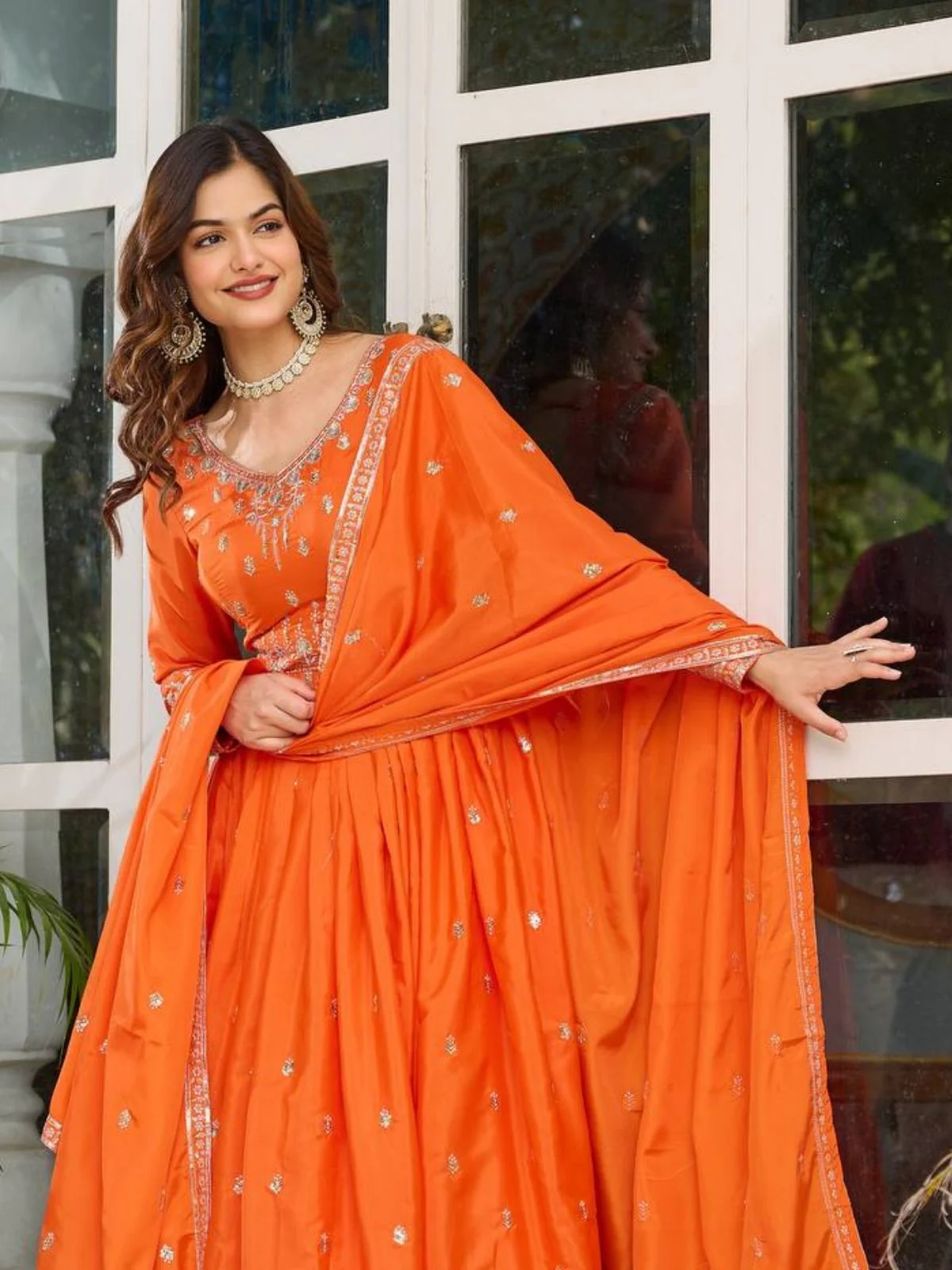 Odette Orange Silk Solid Stitched Kurta Set For Women - Image 4
