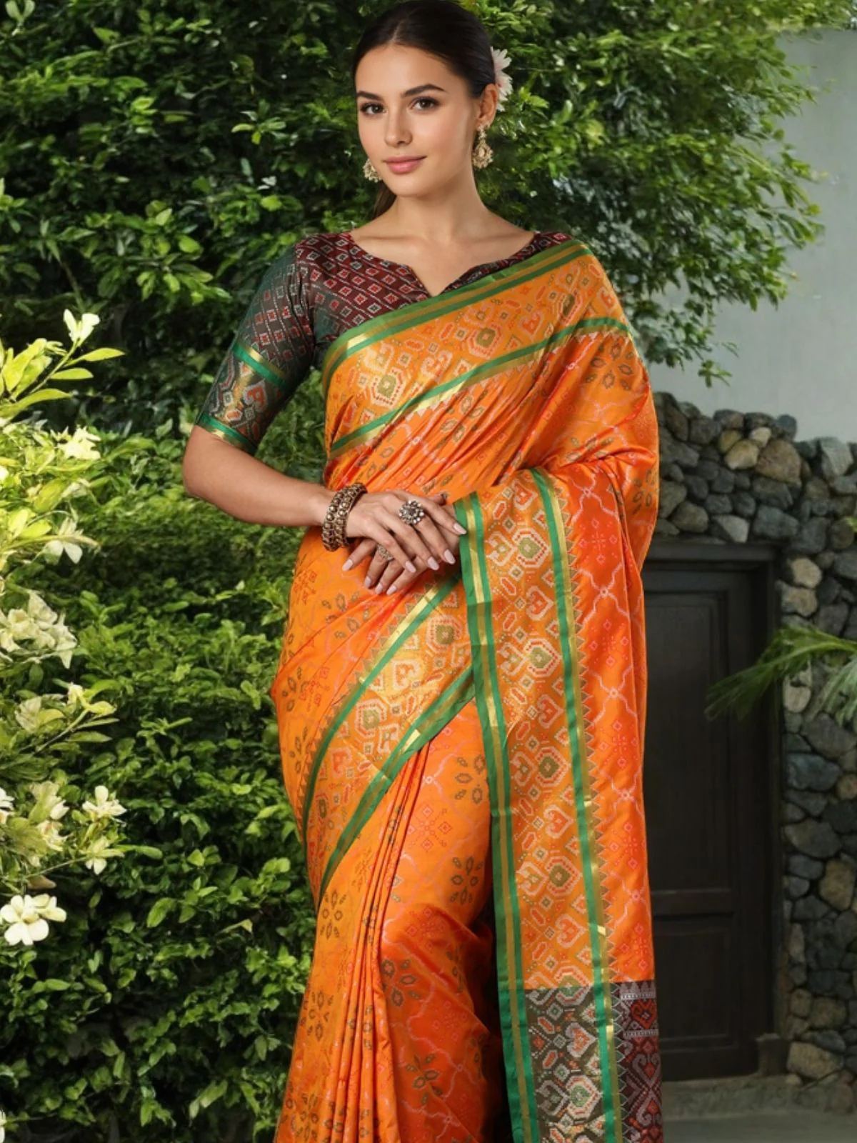Odette Orange Silk Woven Saree For Women - Image 5