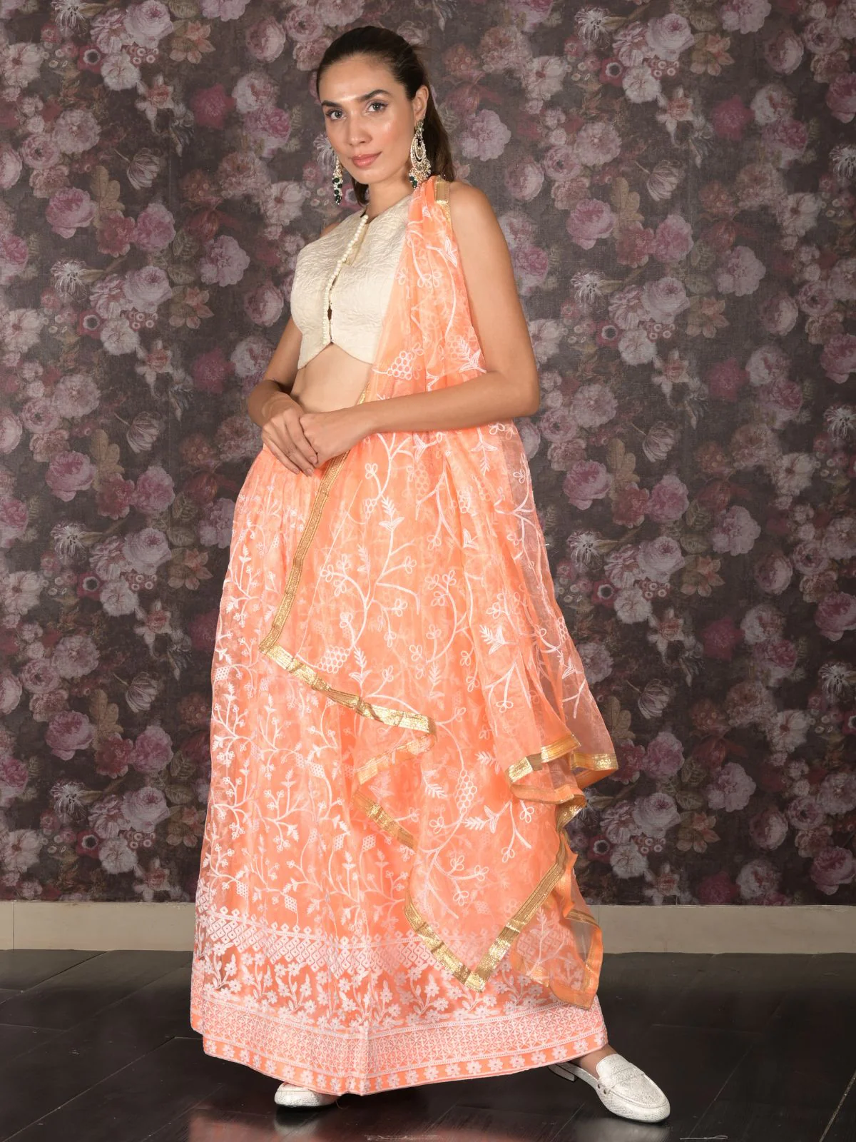 Odette Orange Thread Embroidered Semi-Stitched Net Lehenga with Unstitched Blouse for Women - Image 2