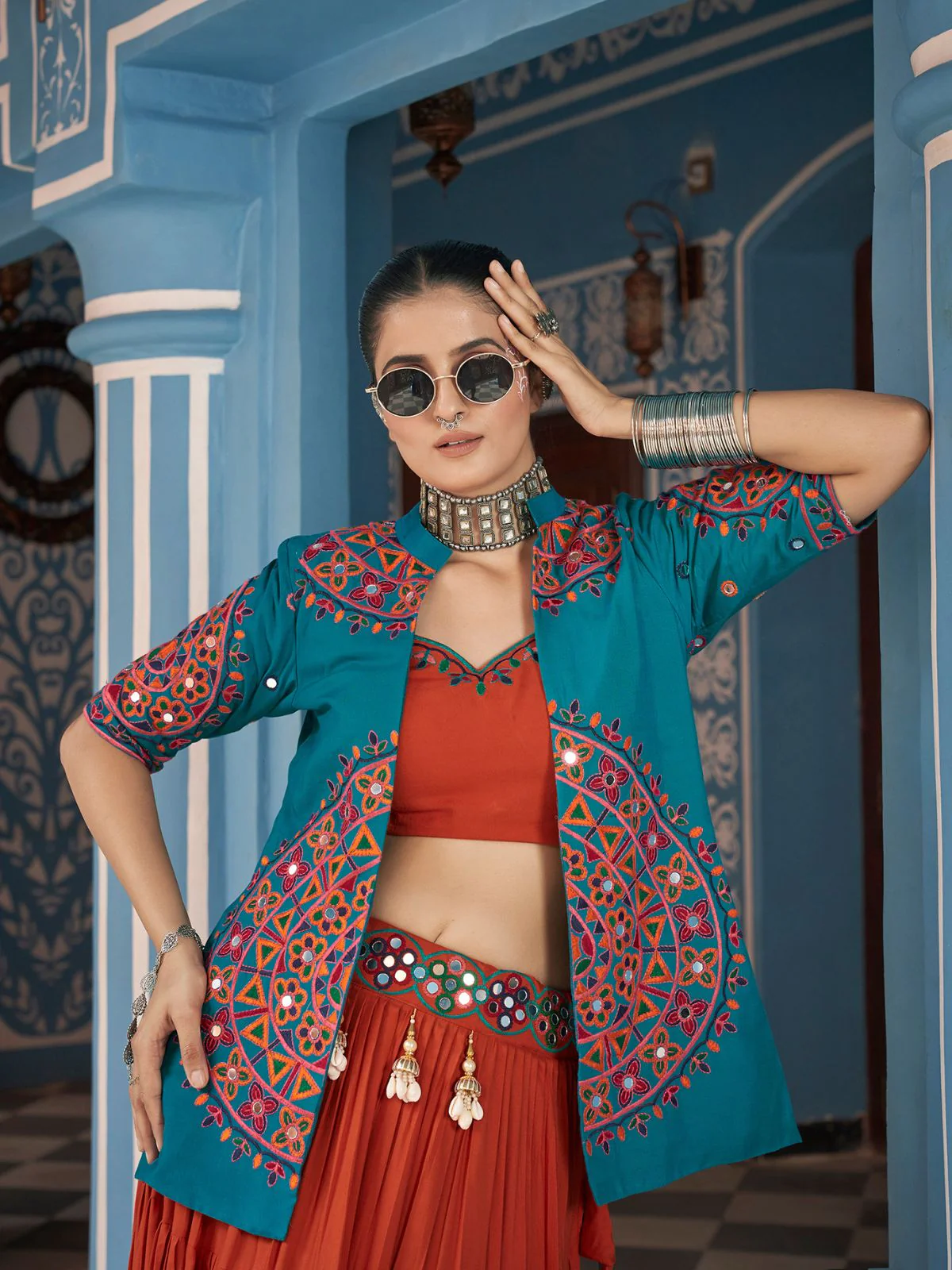 Odette Orange And Blue Viscose Rayon Stitched Lehenga Set For Women - Image 3