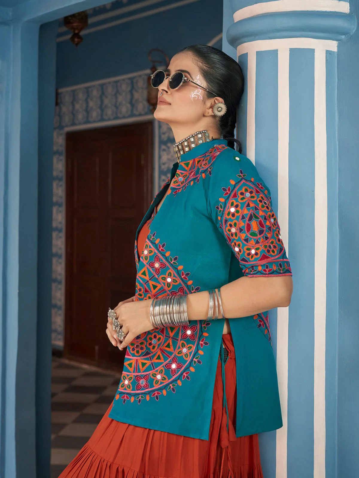 Odette Orange And Blue Viscose Rayon Stitched Lehenga Set For Women - Image 4
