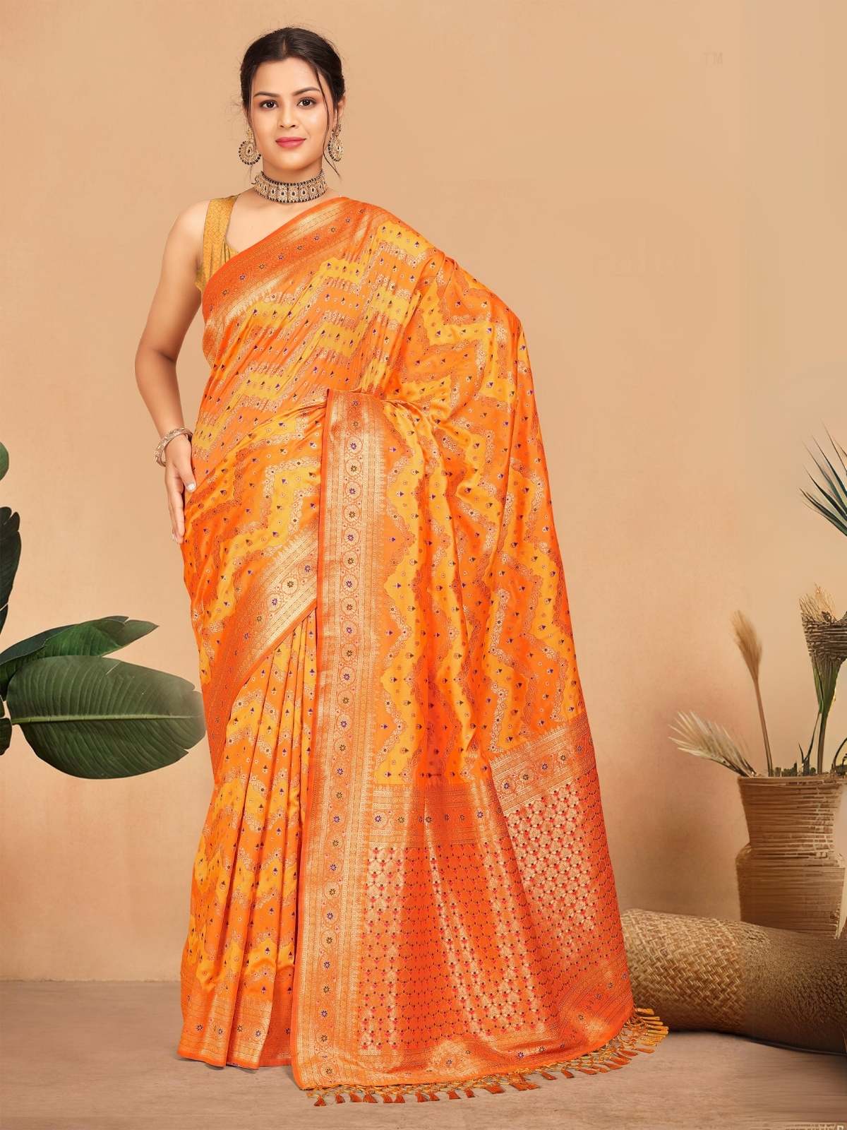 Odette Orange Woven Banarasi Silk Saree With Unstitched Blouse for Women