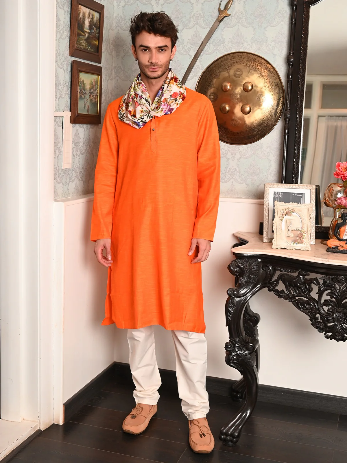 Odette Orange Solid Cotton Polyester Kurta Set For Men - Image 3