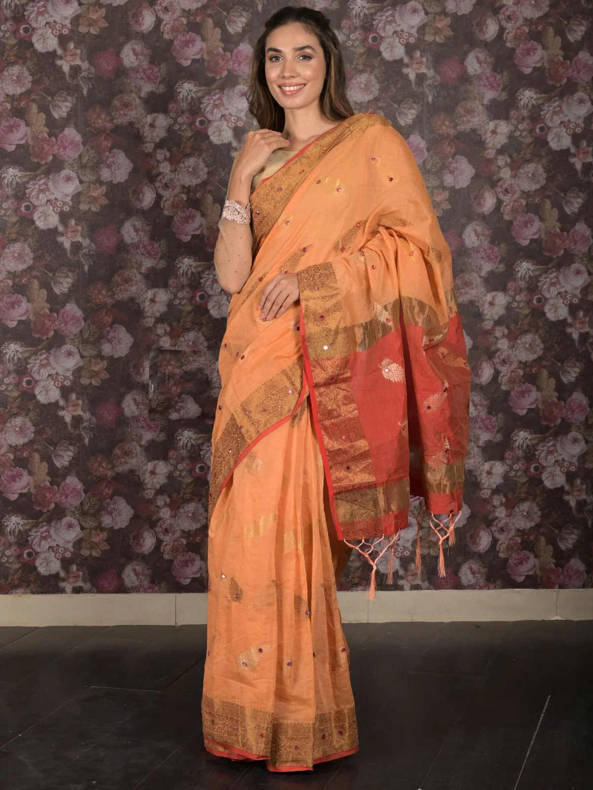 Odette Orange Woven Cotton Silk Blend Saree With Unstitched Blouse For Women