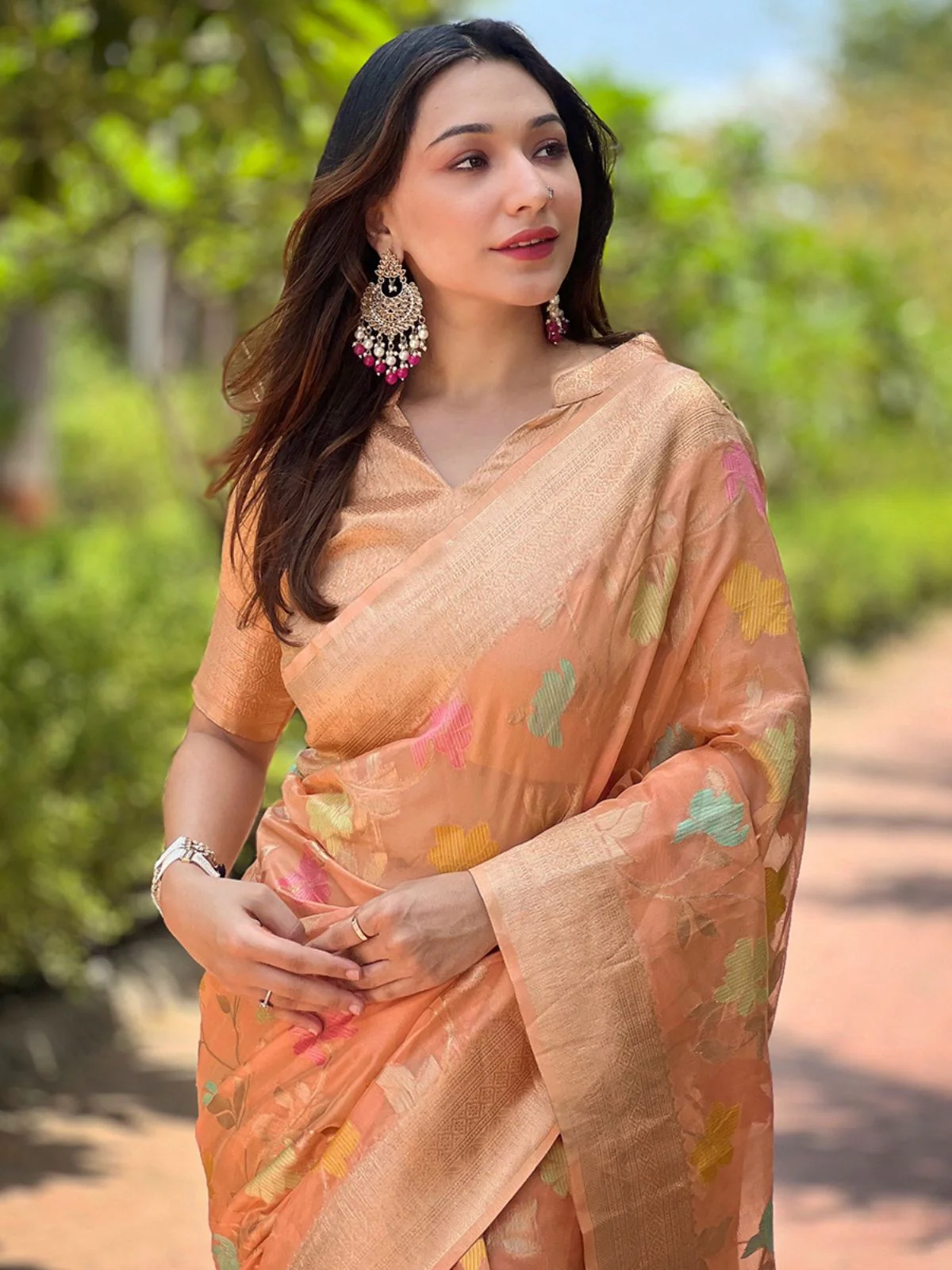 Odette Orange Woven Design Organza Saree With Unstitched Blouse For Women - Image 3