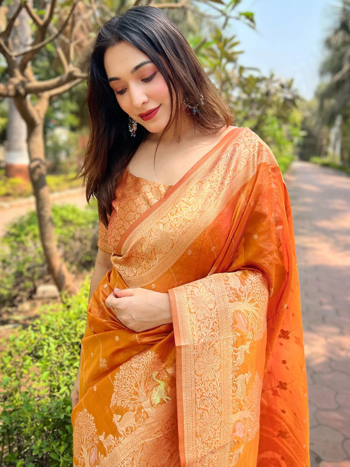 Odette Orange Woven Design Organza Saree With Unstitched Blouse For Women - Image 3